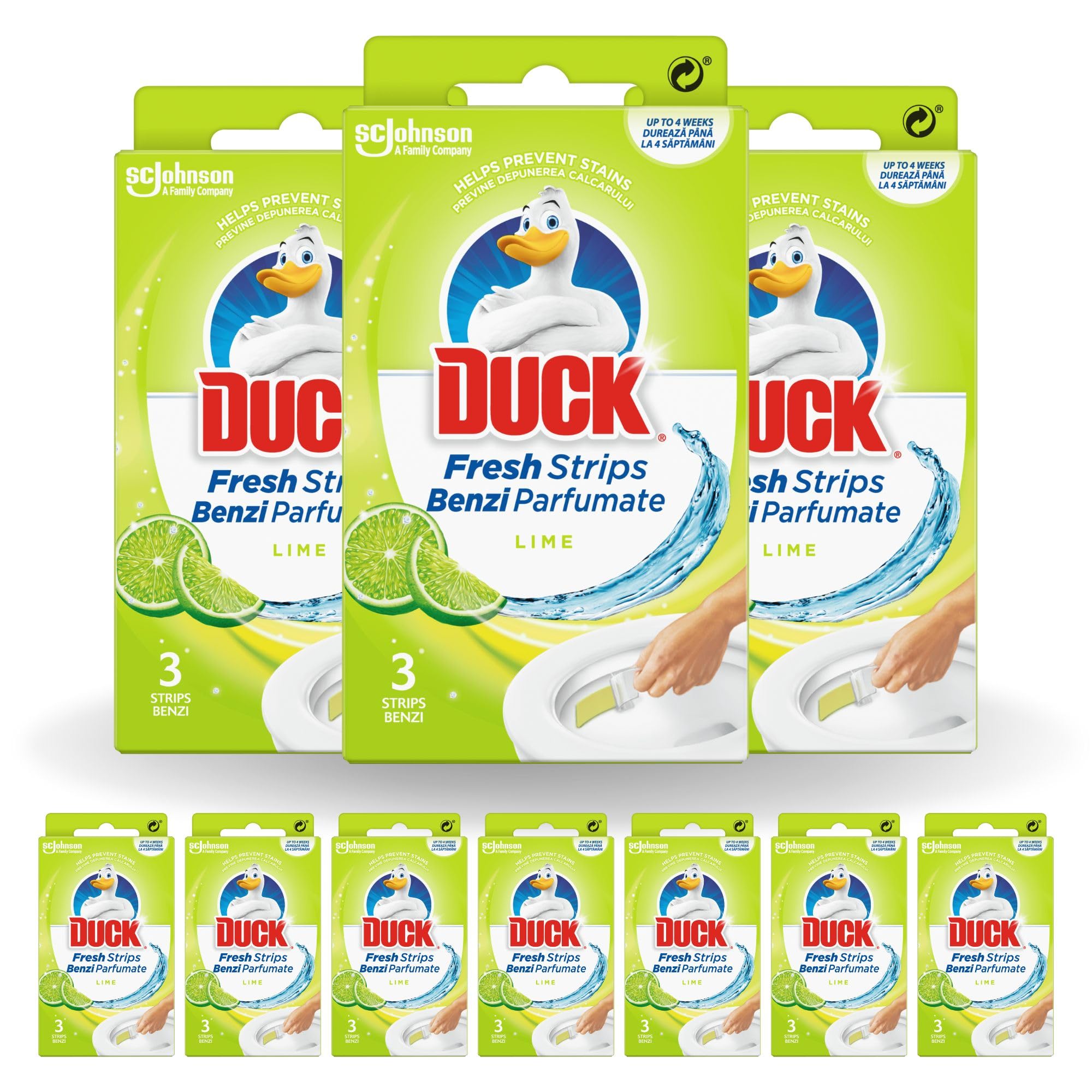 DUCK Toilet Fresh Strips Lime Scent - Pack of 10 (30 Strips) | Prevents Limescale & Germs | Long-Lasting Shine