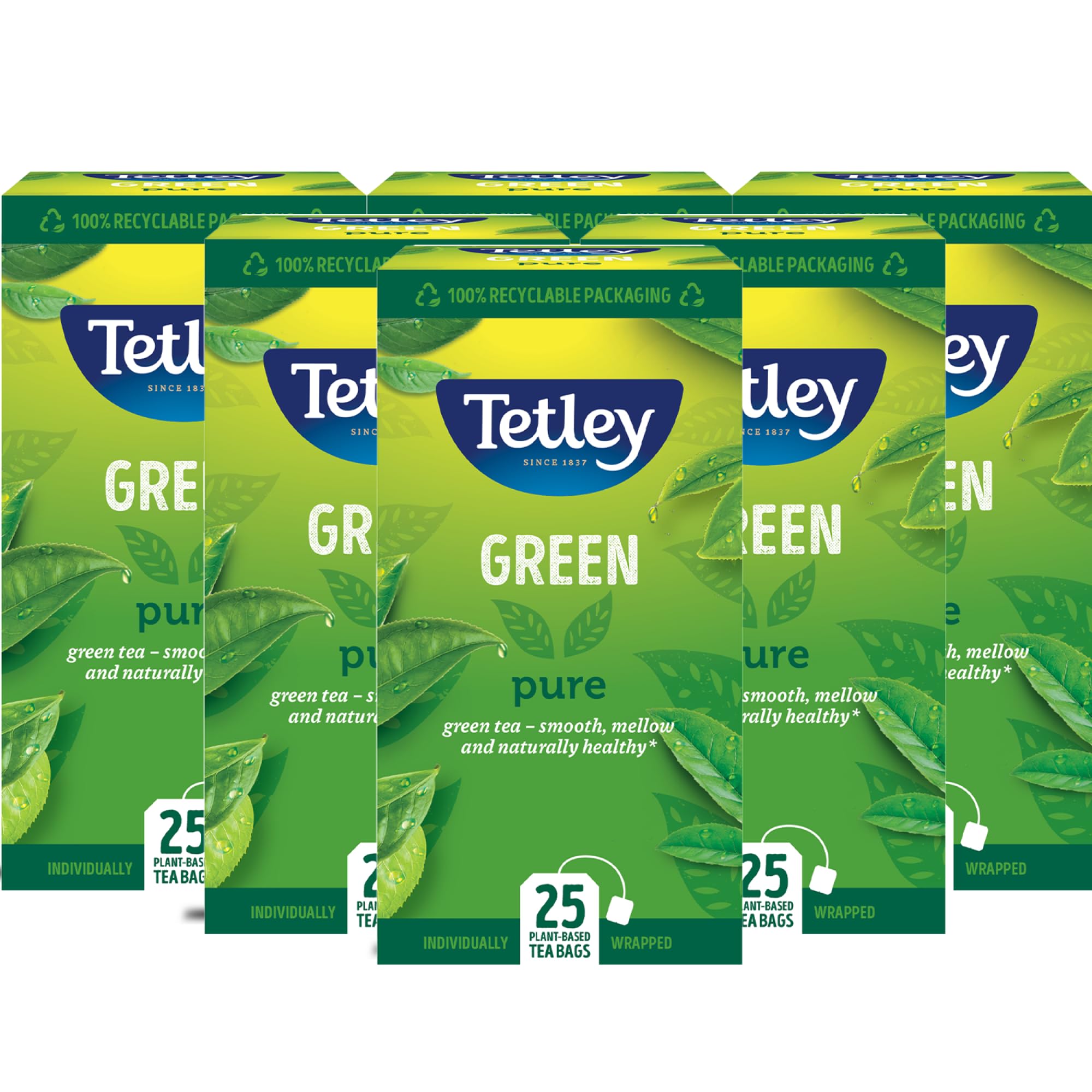 Tetley Pure Green Tea Bags - Naturally Smooth & Refreshing - Rainforest Alliance Certified - 150 Teabags (6x25)