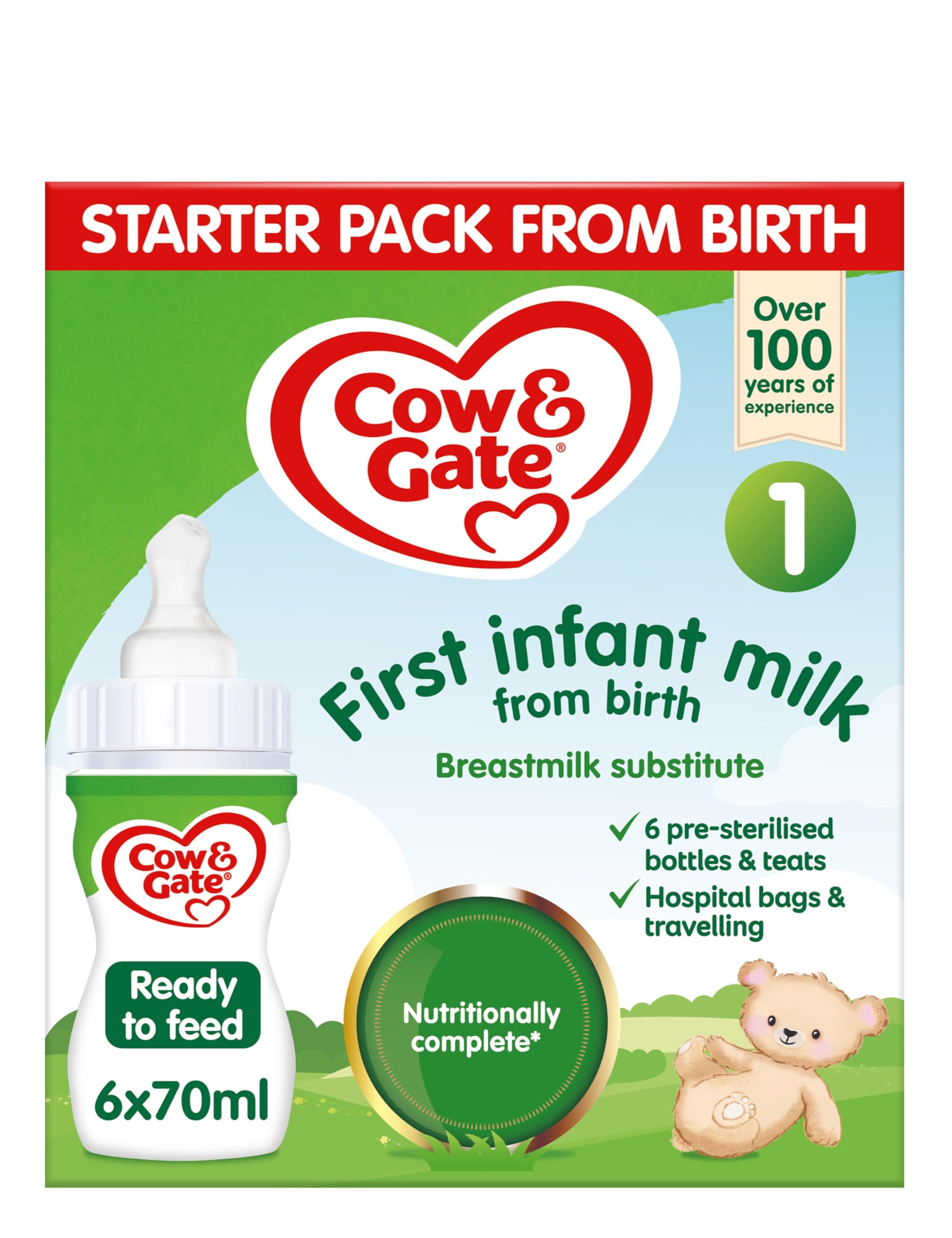 Cow & Gate 1 First Baby Milk Formula Starter Pack from Birth - 6x70ml Ready-to-Feed Bottles with Teats