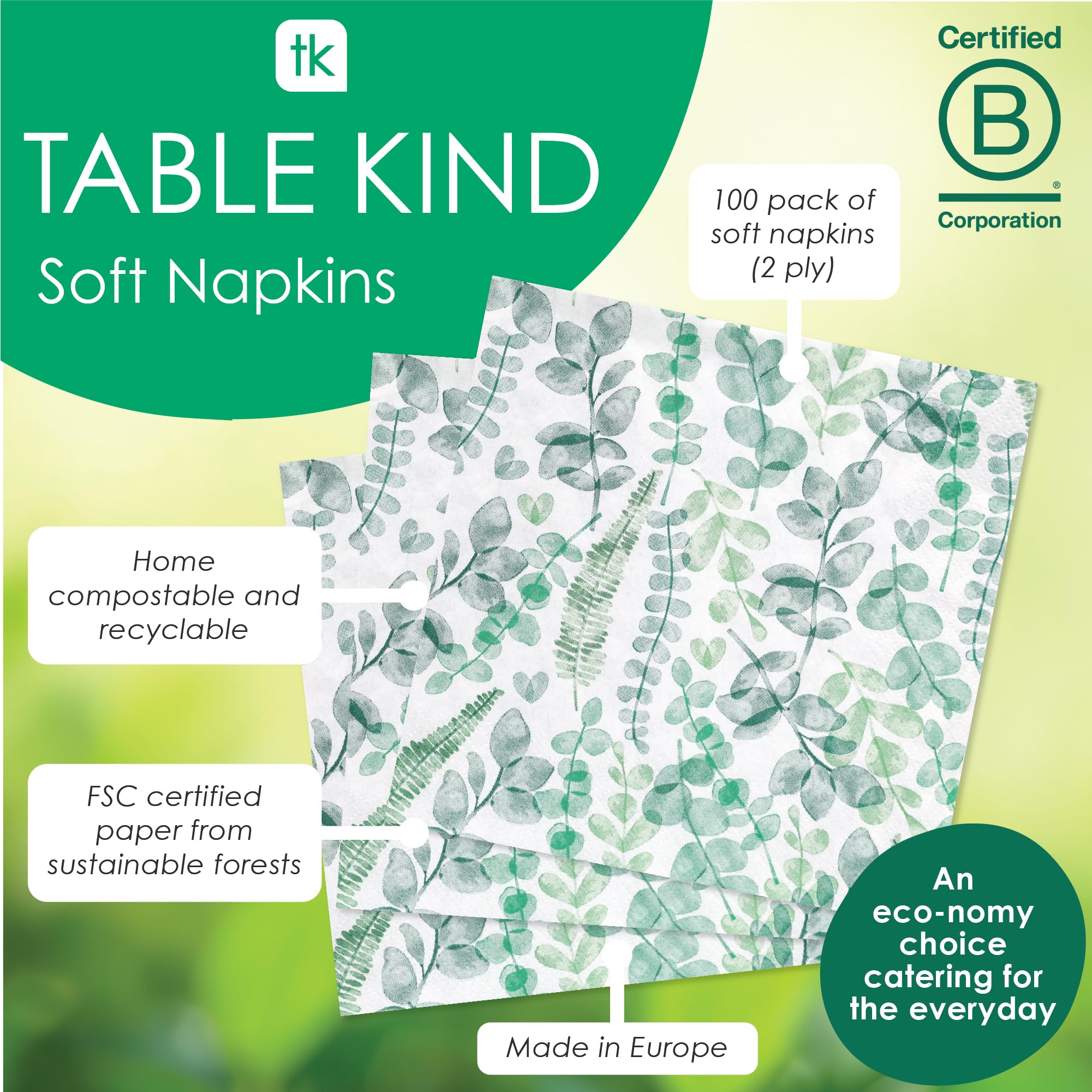 Talking Tables Grüne Blätter, 2-lagige weiche Papierservietten, 100er-Packung, umweltfreundlich, kompostierbar, Einweg, 33 cm 4