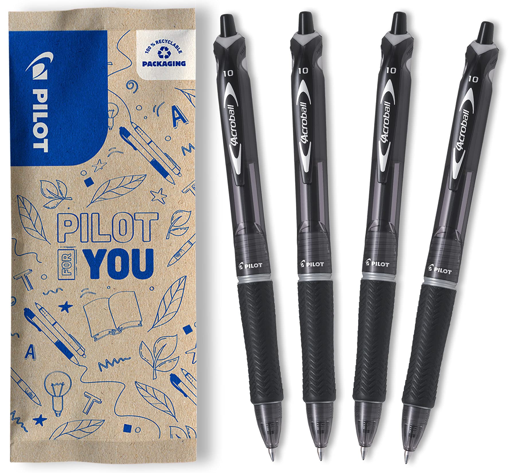 PILOT Acroball Retractable Ballpoint Pen - Black Ink, 1.0mm Medium Tip | Pack of 4