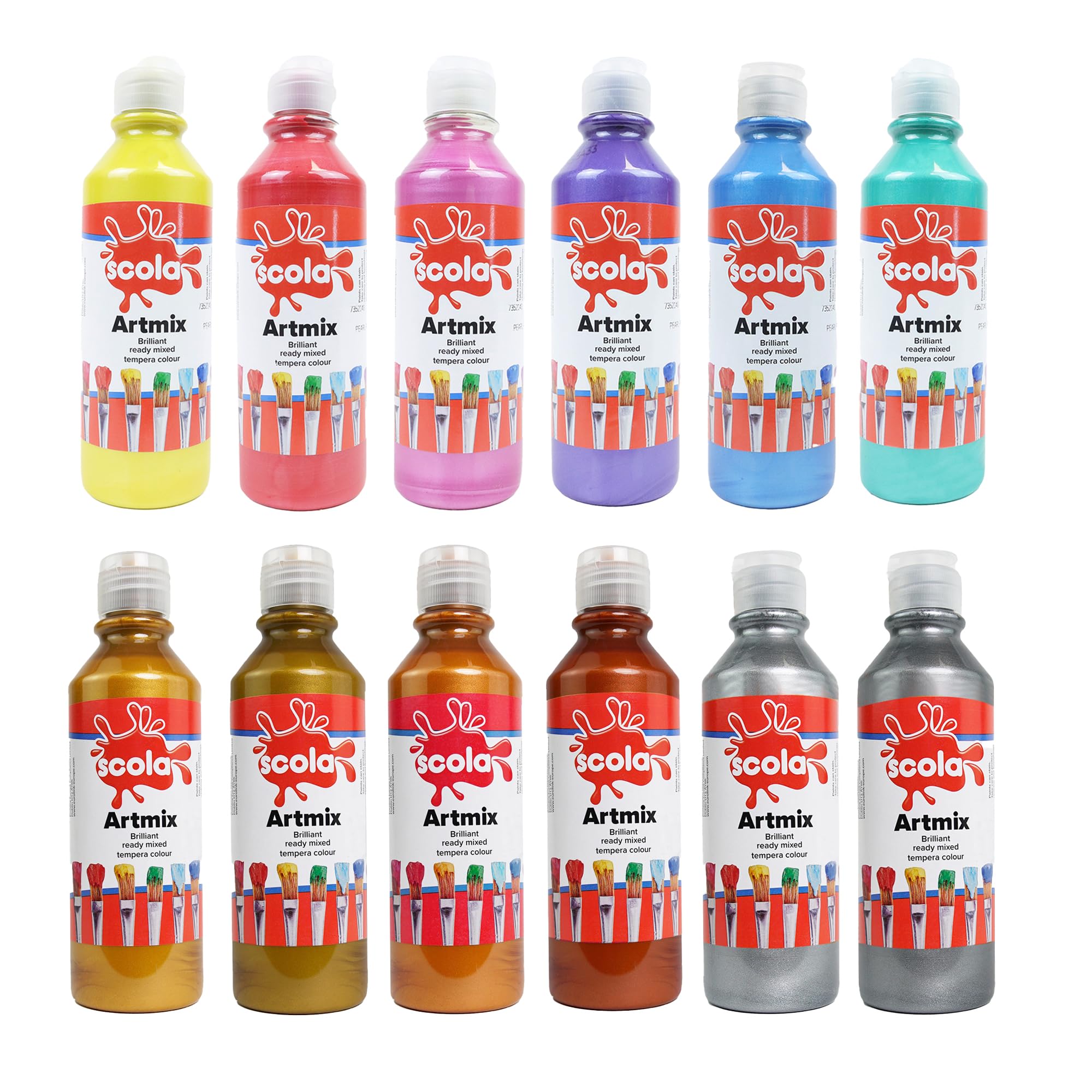 scola Readymix Water Based Tempera Paint - 12 Pearlescent/Metallic Colours, 300ml Bottles