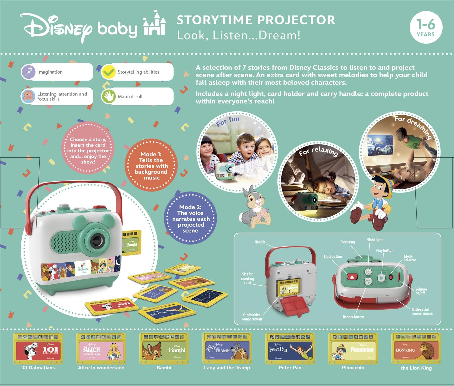 Clementoni Disney Storytime Projector - Nightlight, Music & 8 Story Cards for Toddlers 8