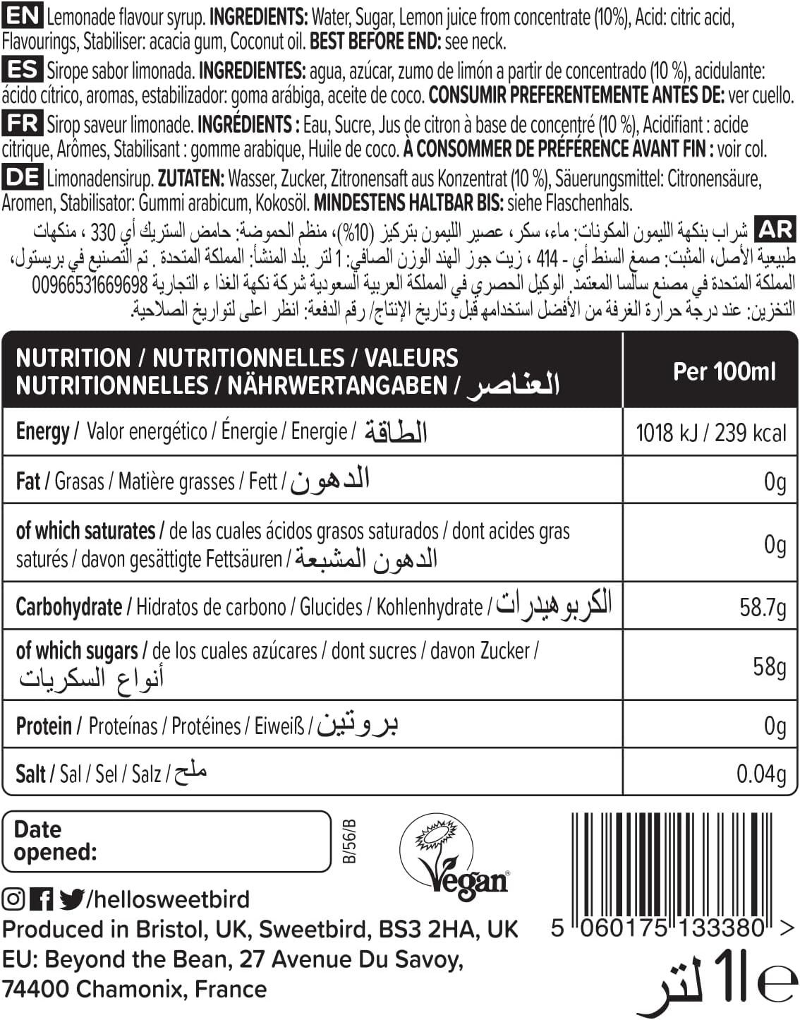 Sweetbird - Lemonade Syrup (1 Litre) - Vegan Friendly 7