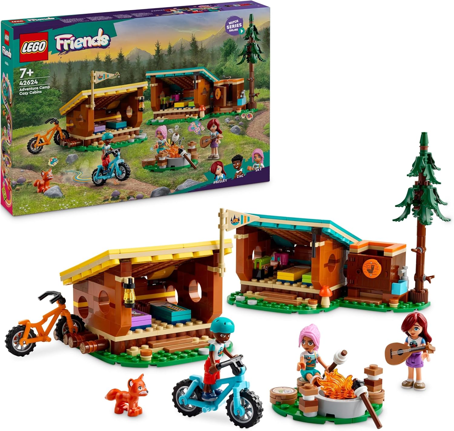 LEGO Friends Adventure Camp Cosy Cabins - Camping Playset with Mini-Dolls & Bikes for Ages 7+