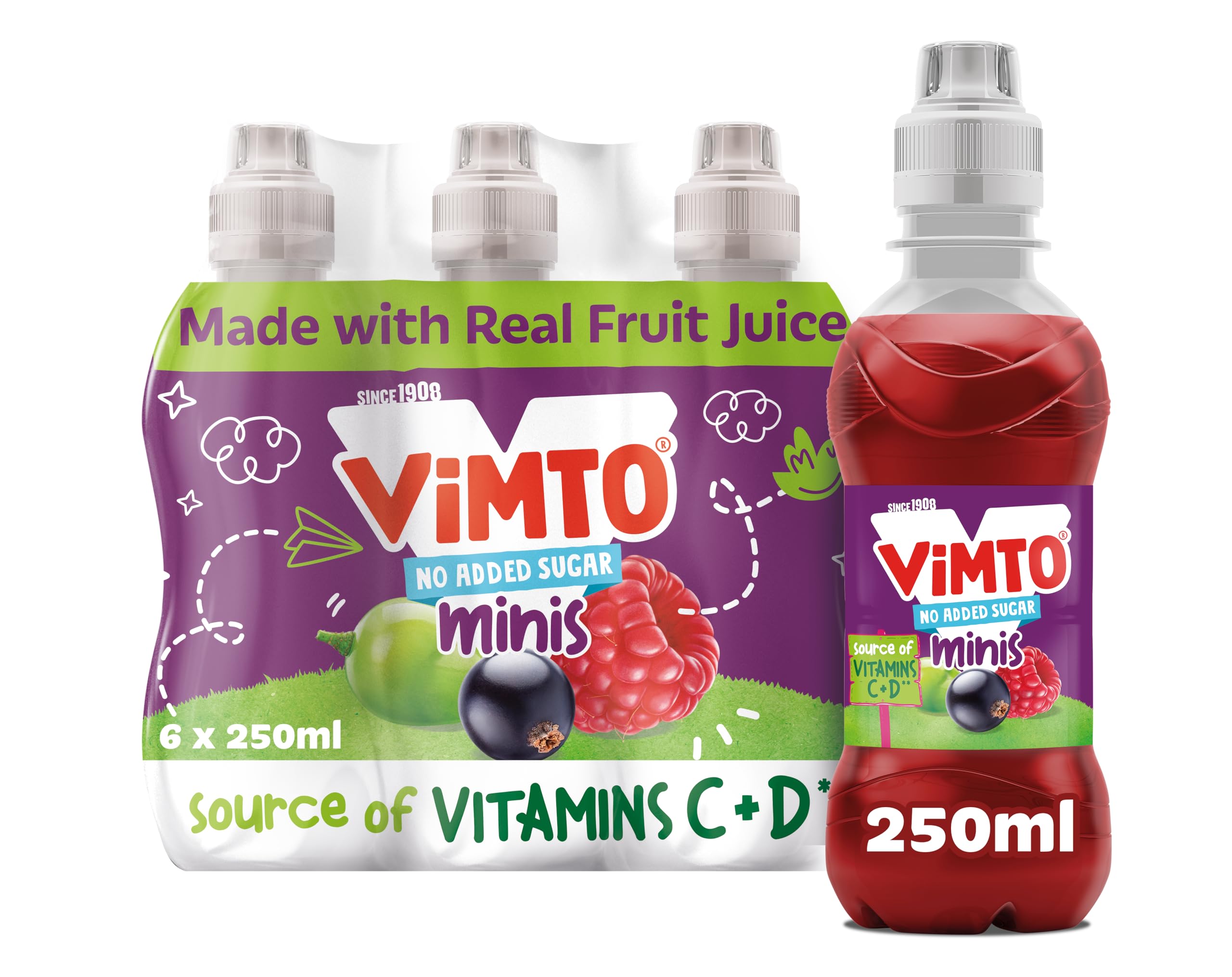 Vimto Kids Juice Drink – No Added Sugar – Grape, Blackcurrant & Raspberry – 250ml Resealable Bottles (6-Pack)