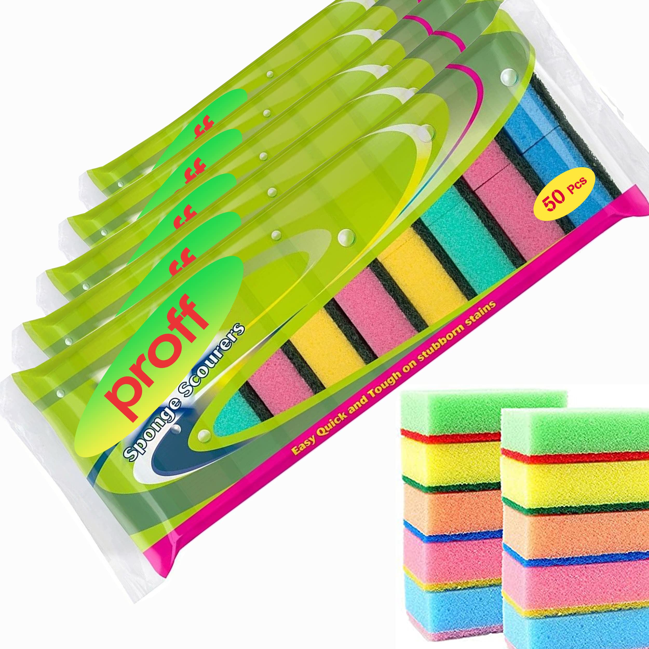 Proff Cleaning & Washing up Sponge Scourers - Pack of 50 | Foam | Mix Colours