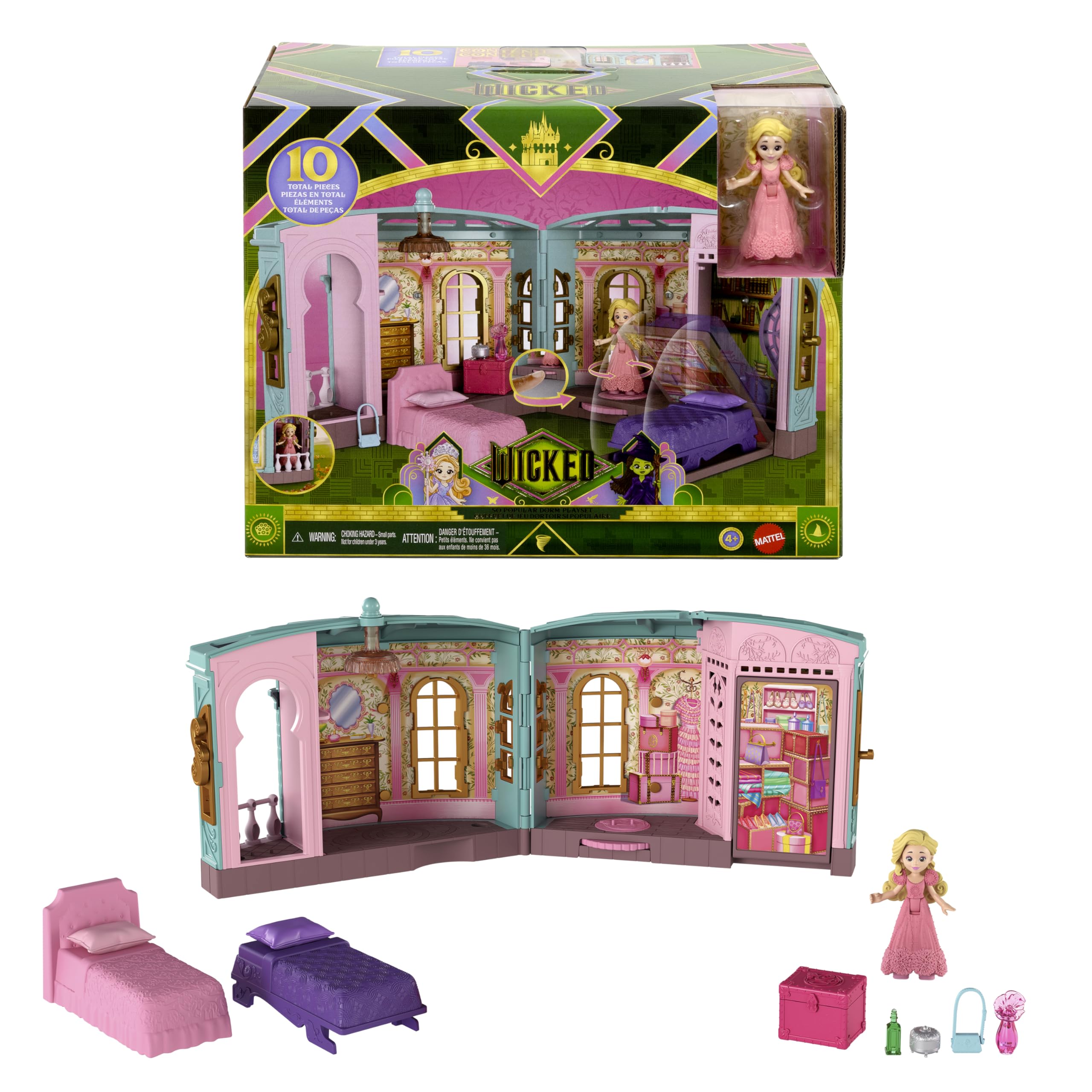 Mattel Wicked So Popular Dorm Playset with Glinda Doll - 3 Play Spaces & 9 Accessories