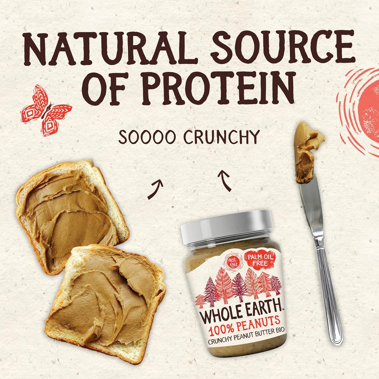 Whole Earth Organic Crunchy Peanut Butter, 6 x 227g Jars, 100% Nuts, No Added Sugar, Gluten Free, Vegan 7