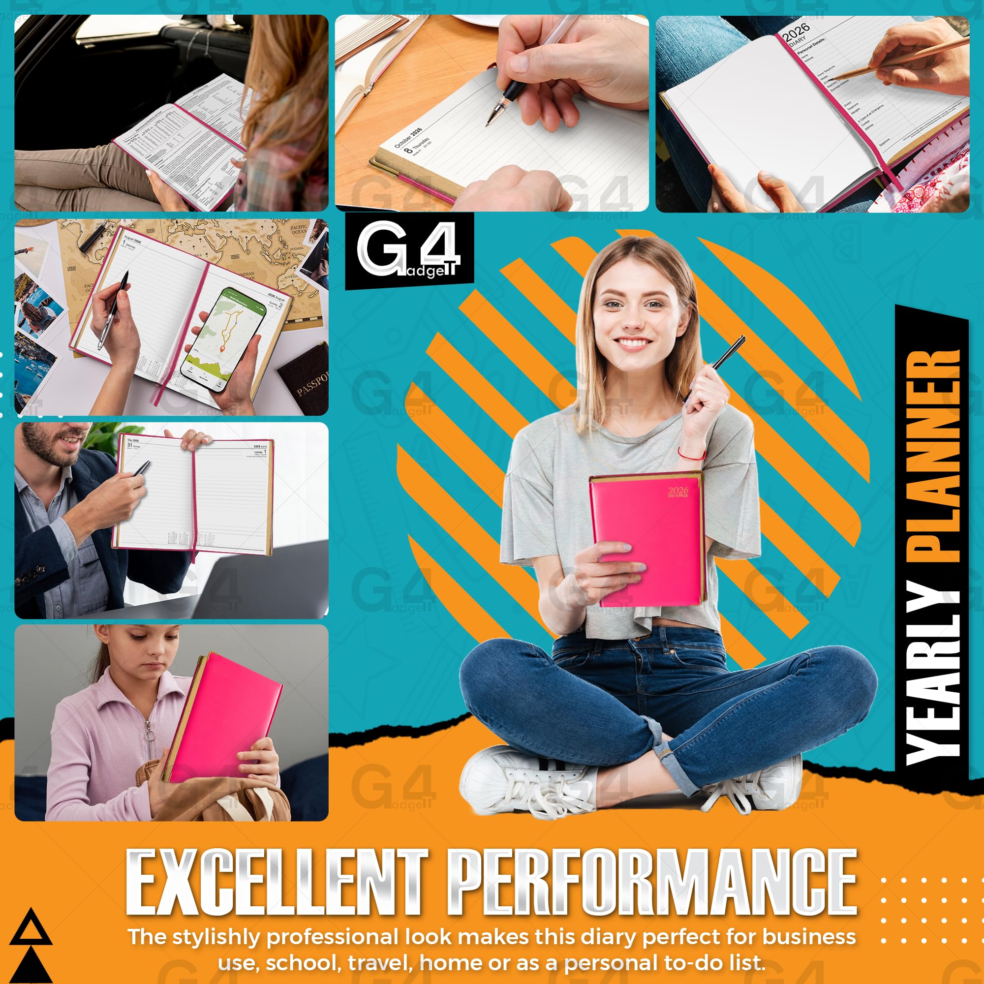 G4GADGET 2026 A4 Day a Page Pink Diary with Gilt Edges | Hardback Planner 4