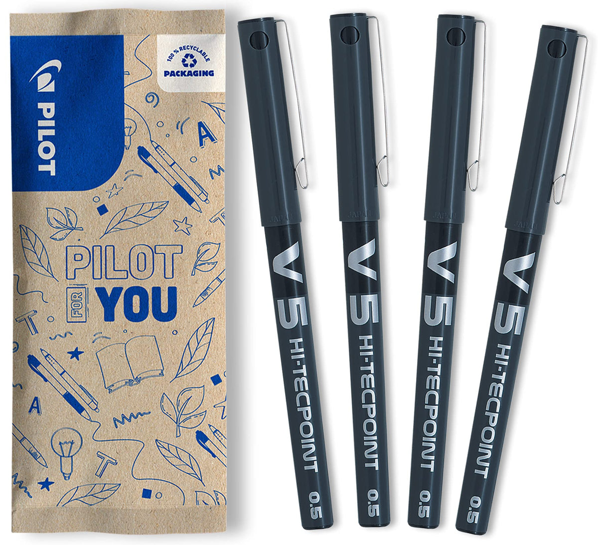 PILOT V5 Liquid Ink Rollerball Pen - 0.5mm Fine Tip, Black Ink, Pack of 4
