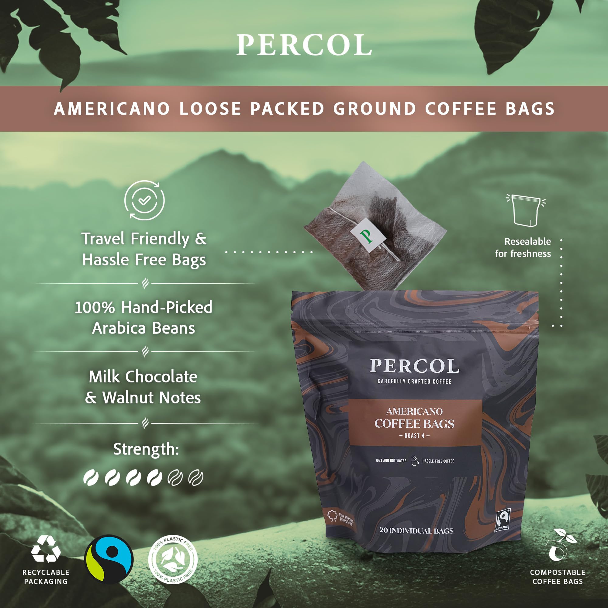 Percol Americano Loose Packed Ground Coffee Bags (80x8g) - Medium Roast Fairtrade Arabica 5