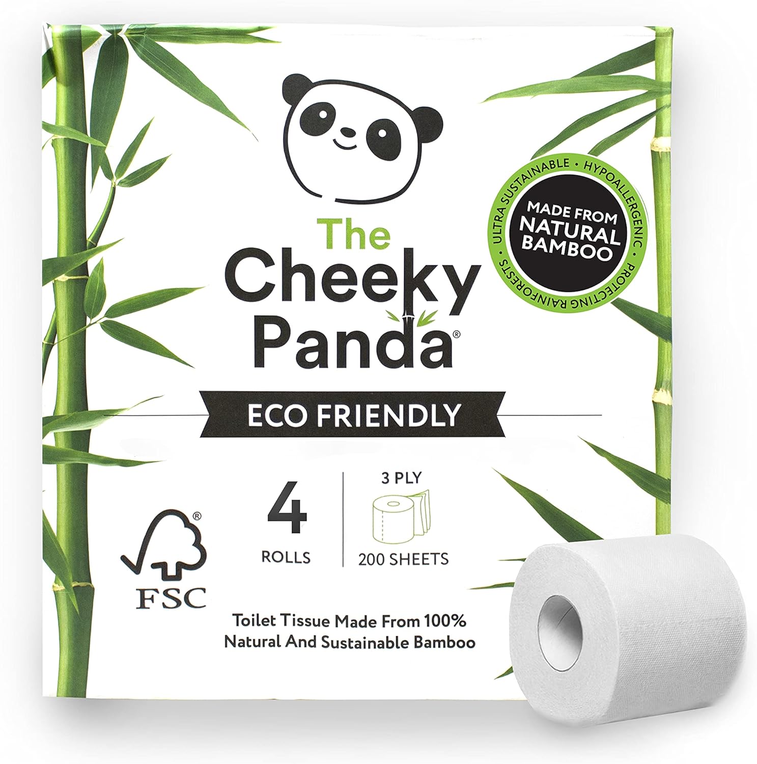 The Cheeky Panda - Bamboo Toilet Tissue Paper (Pack of 4 Rolls, 3-Ply, 200 Sheets)