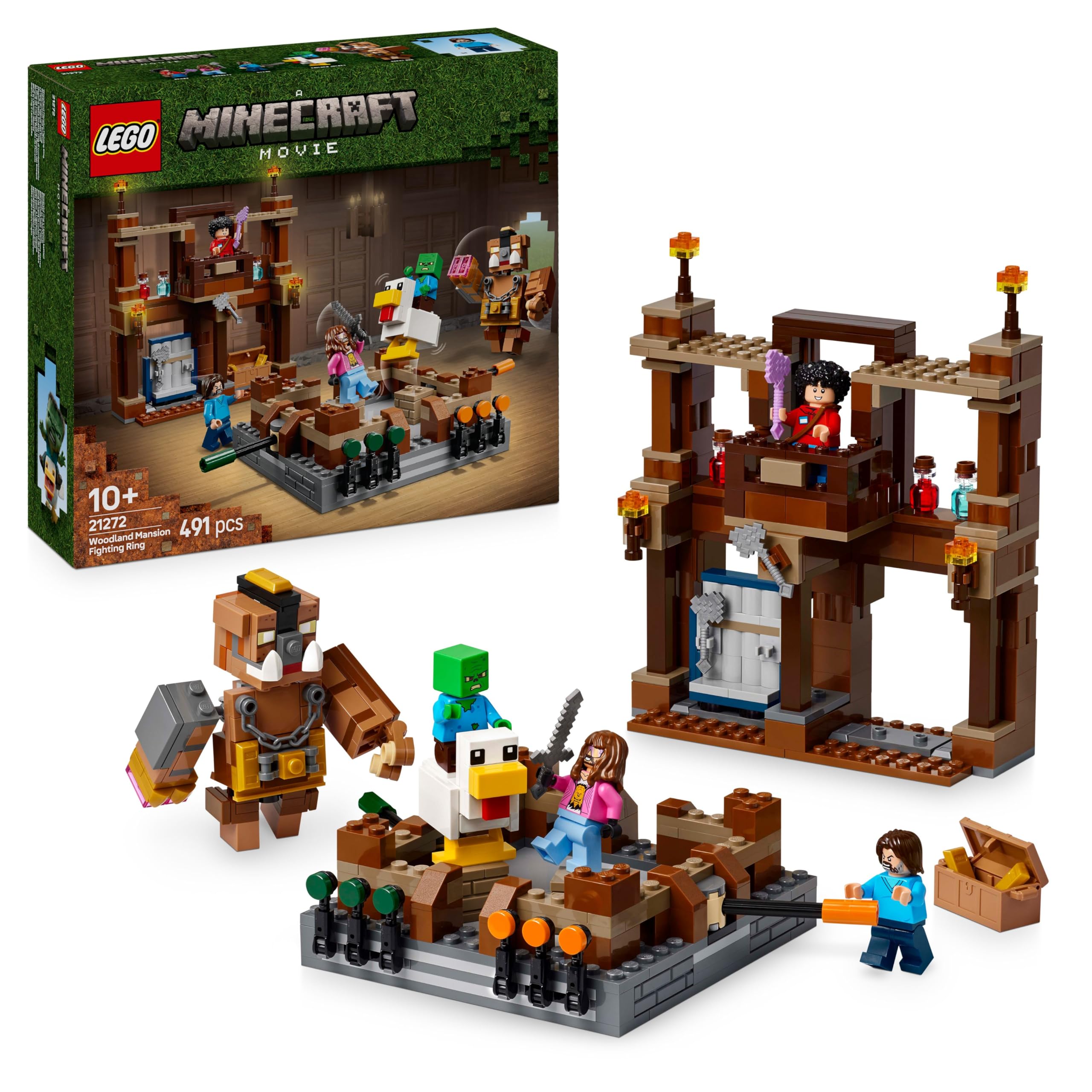 LEGO Minecraft Woodland Mansion Fighting Ring - Building Set with Steve, Garrett, Henry, Baby Zombie, Chicken Jockey, Great Hog - 491 Pieces (21272)