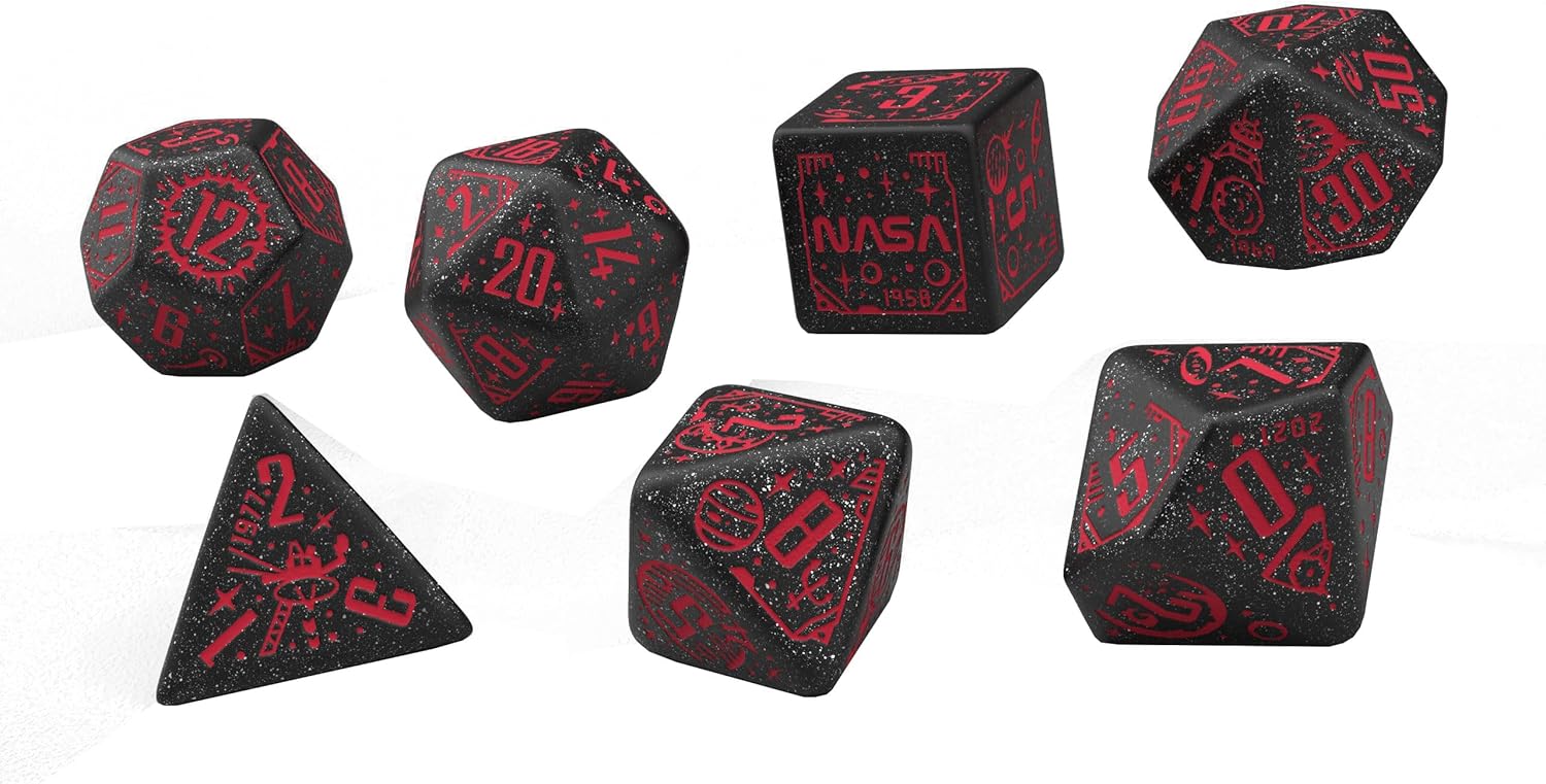 Q WORKSHOP Space Dice Set Voyager RPG Dice – Shimmering Black with Red Engraving