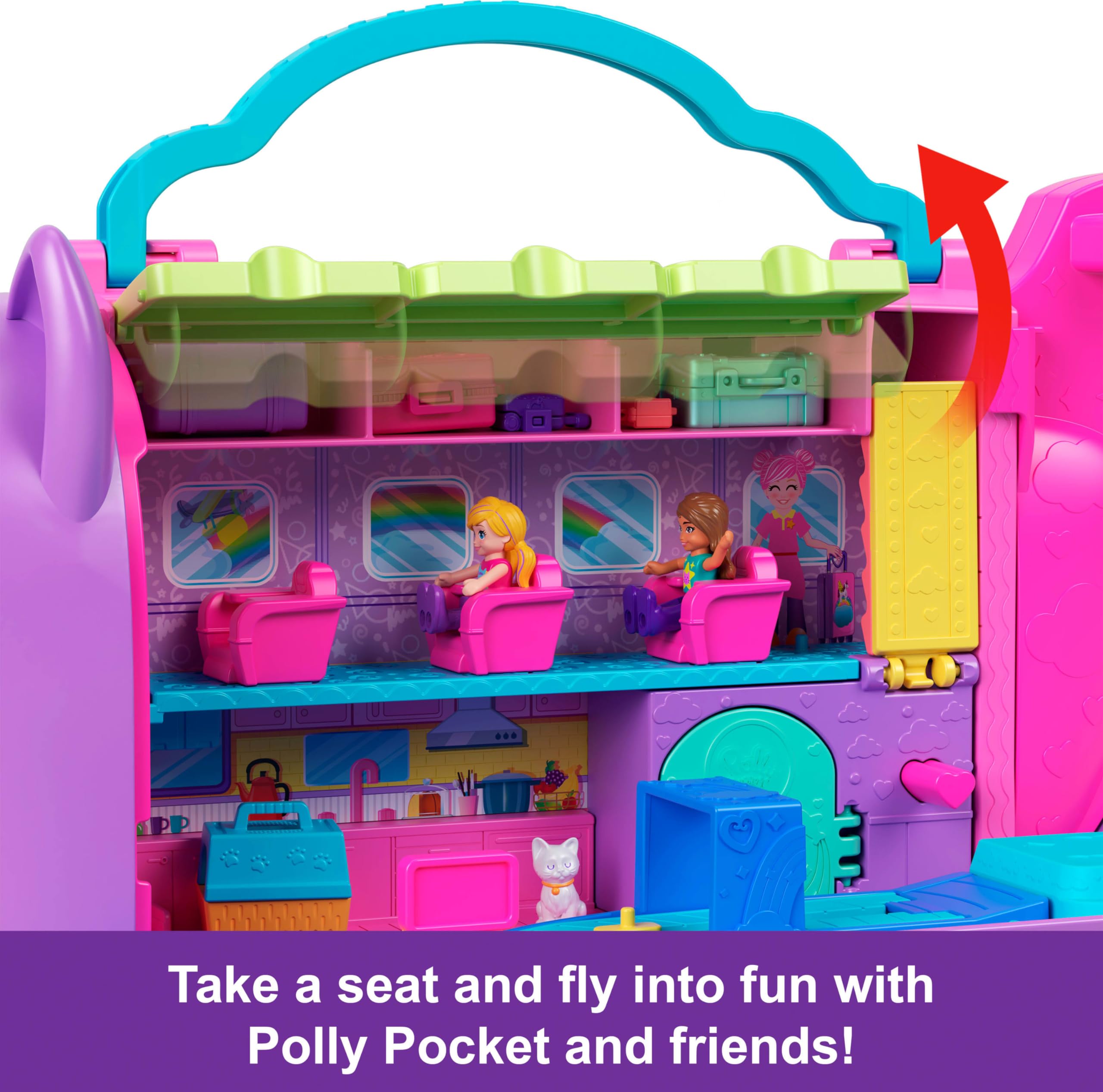 Polly Pocket Kitty Airways Flugzeug-Spielset – 2 Mikropuppen, 19 Zubehörteile, Drehbühne, Alter 4–10 7