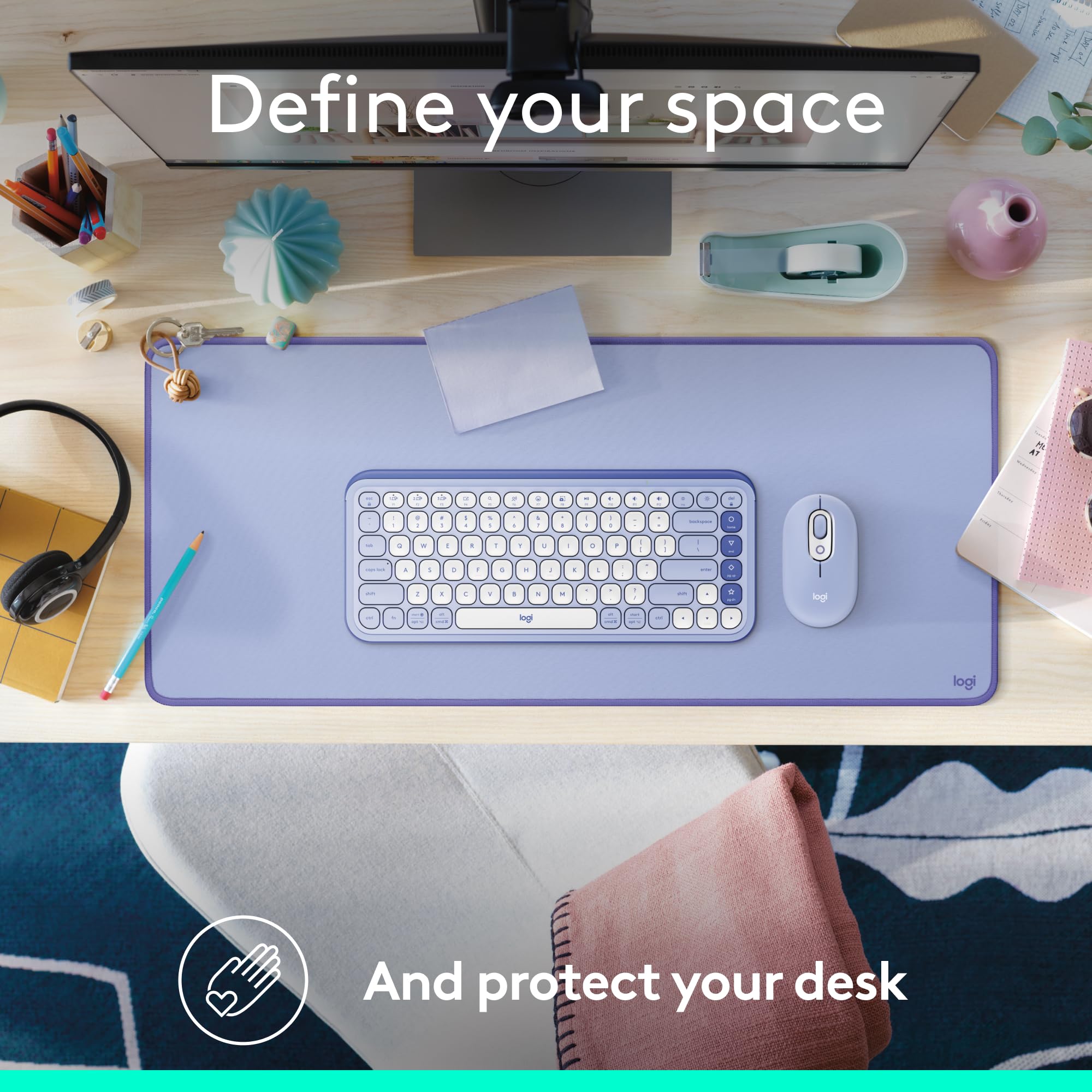 Logitech Studio Series Multifunctional Large Desk Pad - Spill-Resistant, Anti-Fray, Lilac | 70 x 30 cm 2