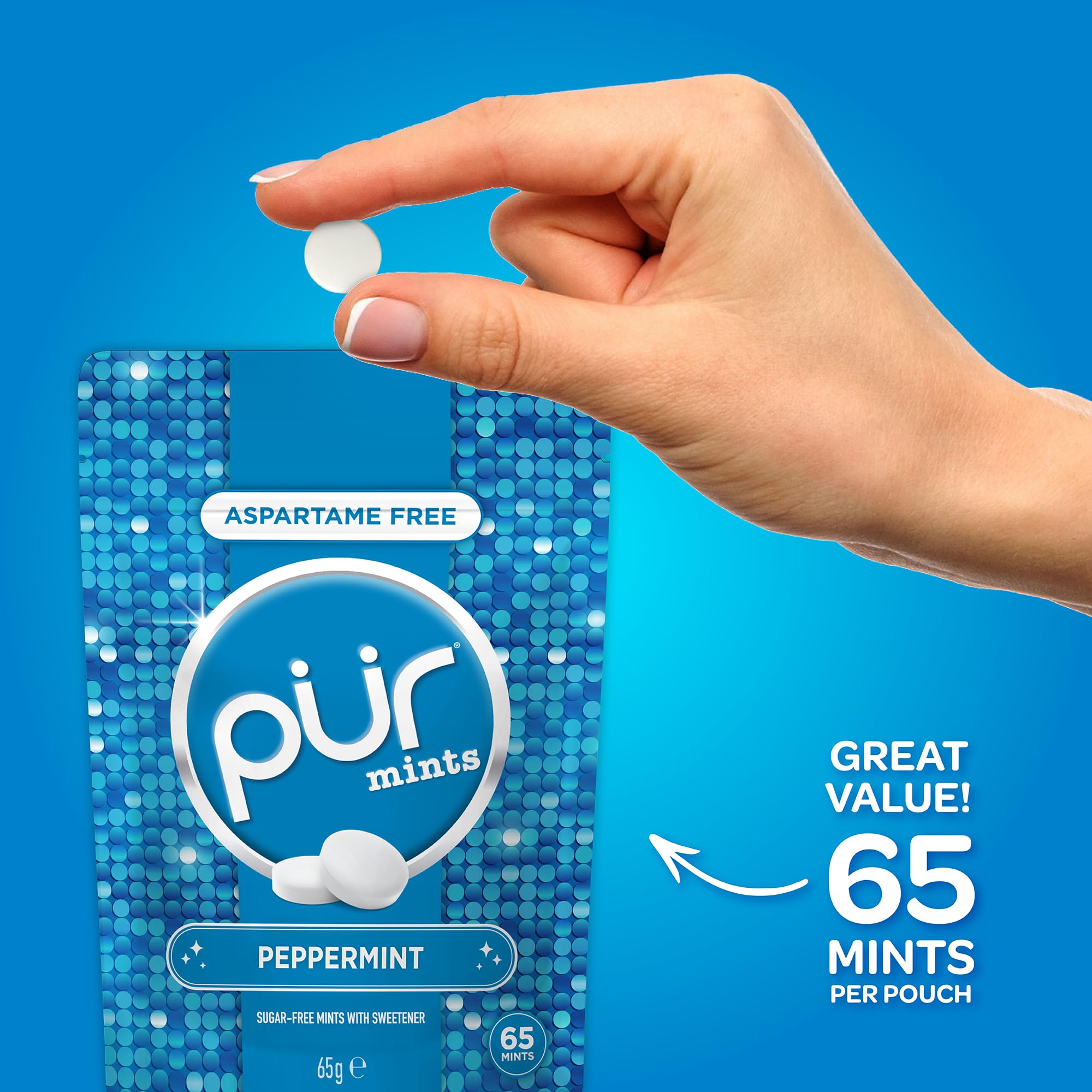 PUR Mints Peppermint - Sugar Free, Aspartame Free, Made with Xylitol | 65 Count Pouch