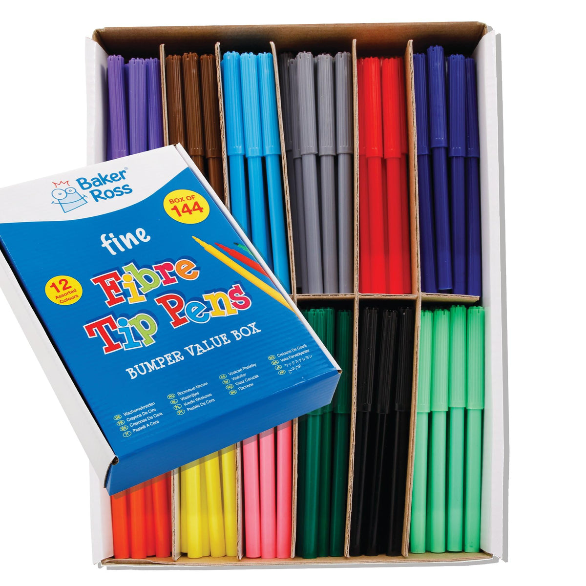 Baker Ross Fine Tip Fibre Tip Pens - 144 Pens, 12 Colours