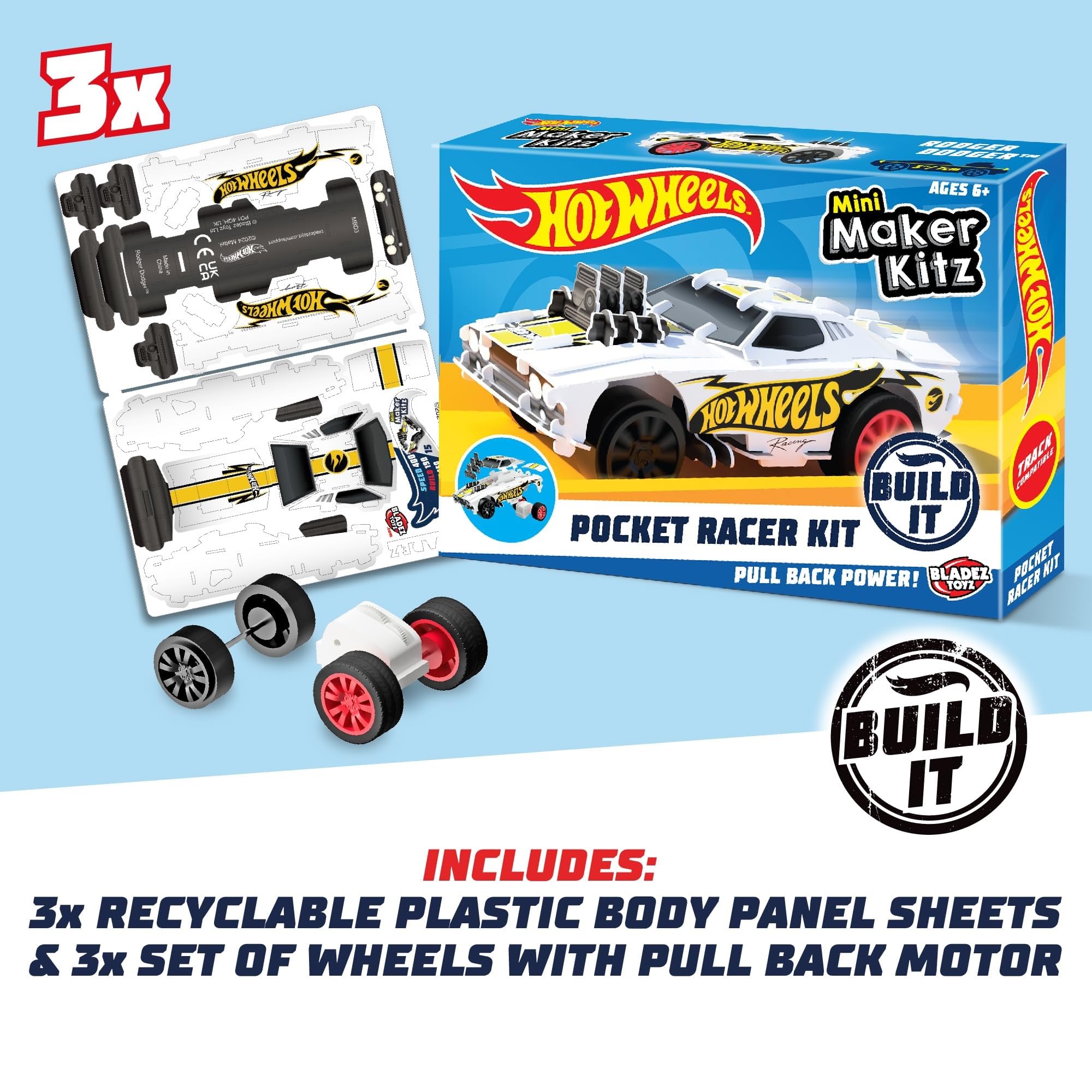 BLADEZ Hot Wheels Pocket Racer Maker Kitz - 3 Pack | Snap-Fit Assembly | Pull-Back Action 3