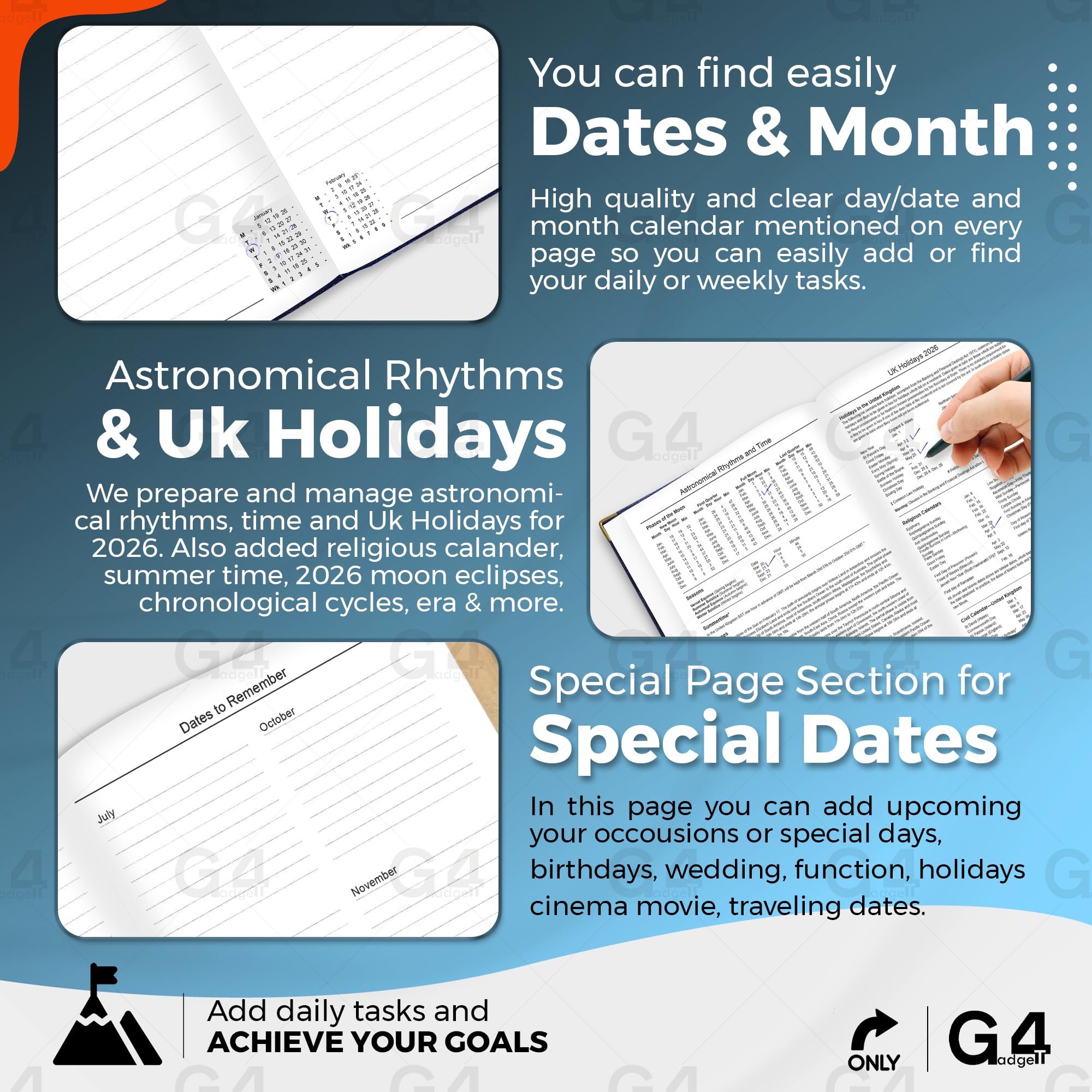 G4GADGET 2026 A5 Week to View Diary | Blue Hardback with Gilt Edges | Comprehensive Reference Pages 4
