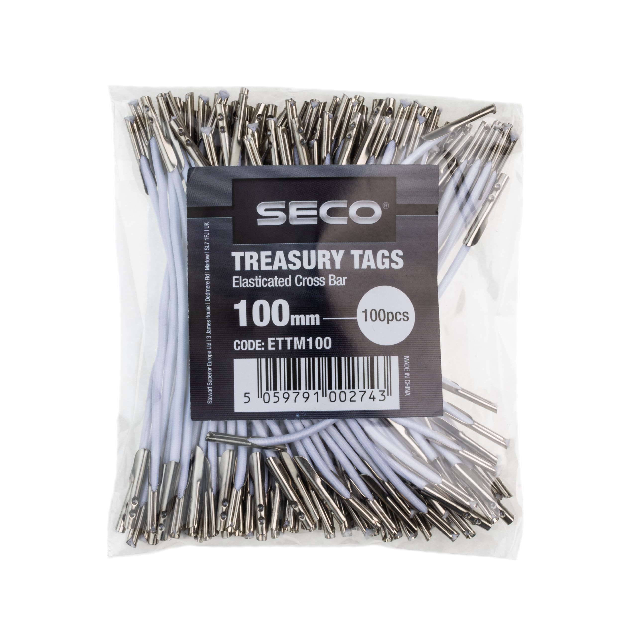 SECO Elasticated Cross Bar Treasury Tags - 100mm Length, Metal Ends, Pack of 100 1