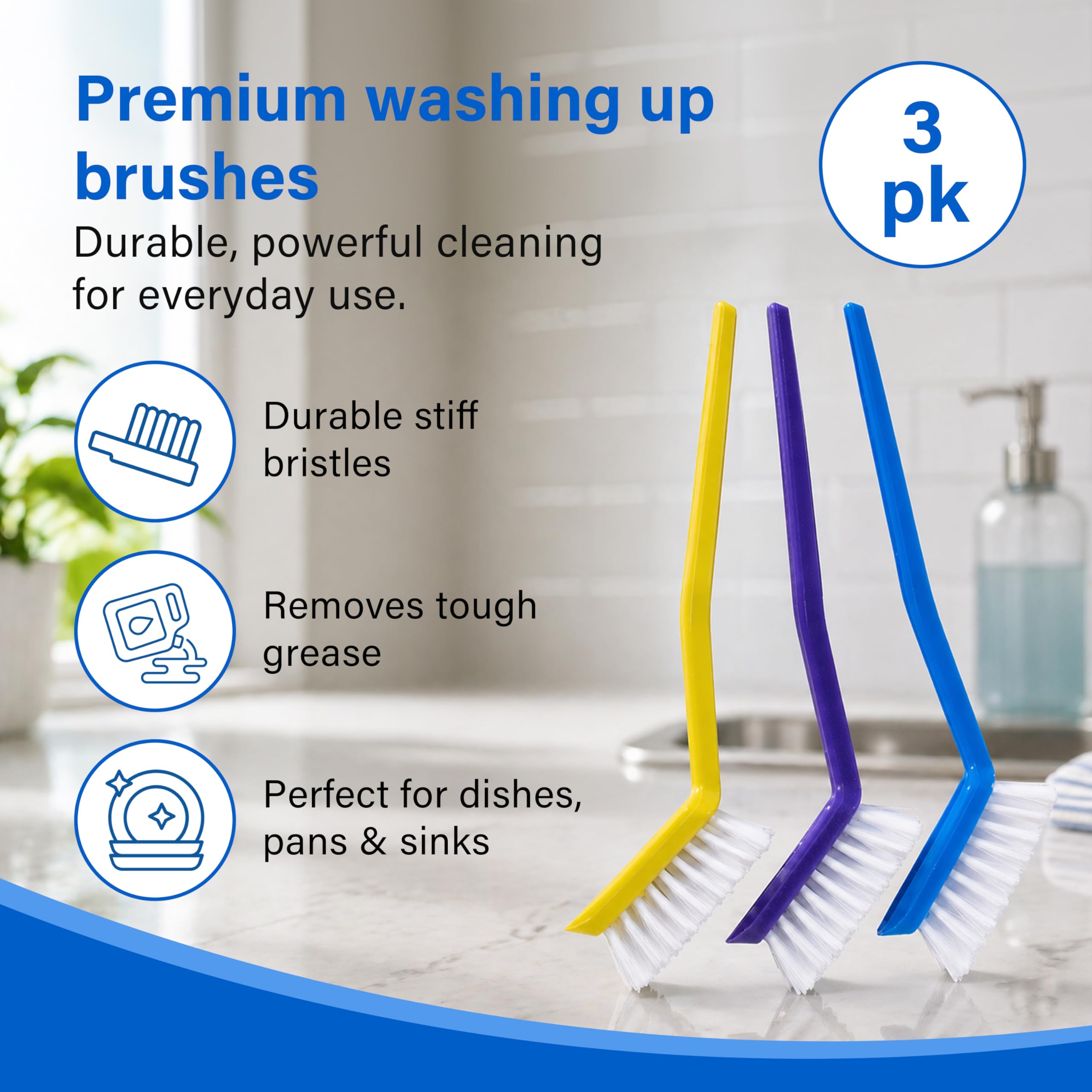 DID Washing Up Brushes - Pack of 3 | Long Handle | Tough Bristles
