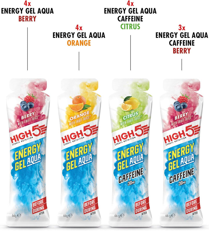 HIGH5 Mixed Energy Gel Aqua Taster Pack - 15x66g with Caffeinated & Non-Caffeinated Gels in Berry, Citrus, and Orange Flavors