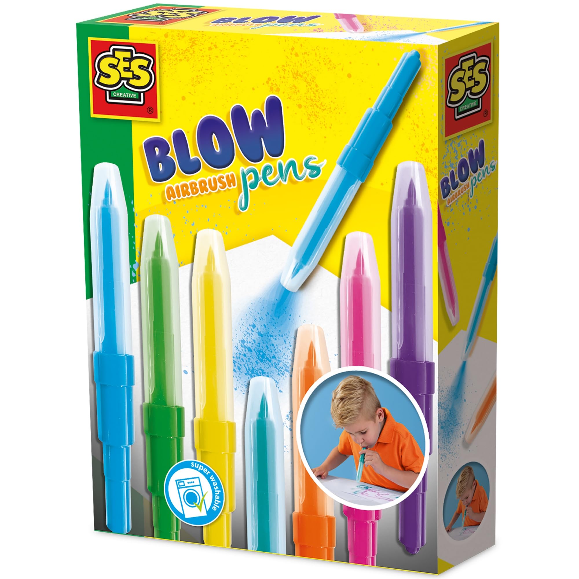 SES Creative Blow Airbrush Pens - Set of 7 Assorted Colours | Washable | Ages 5+