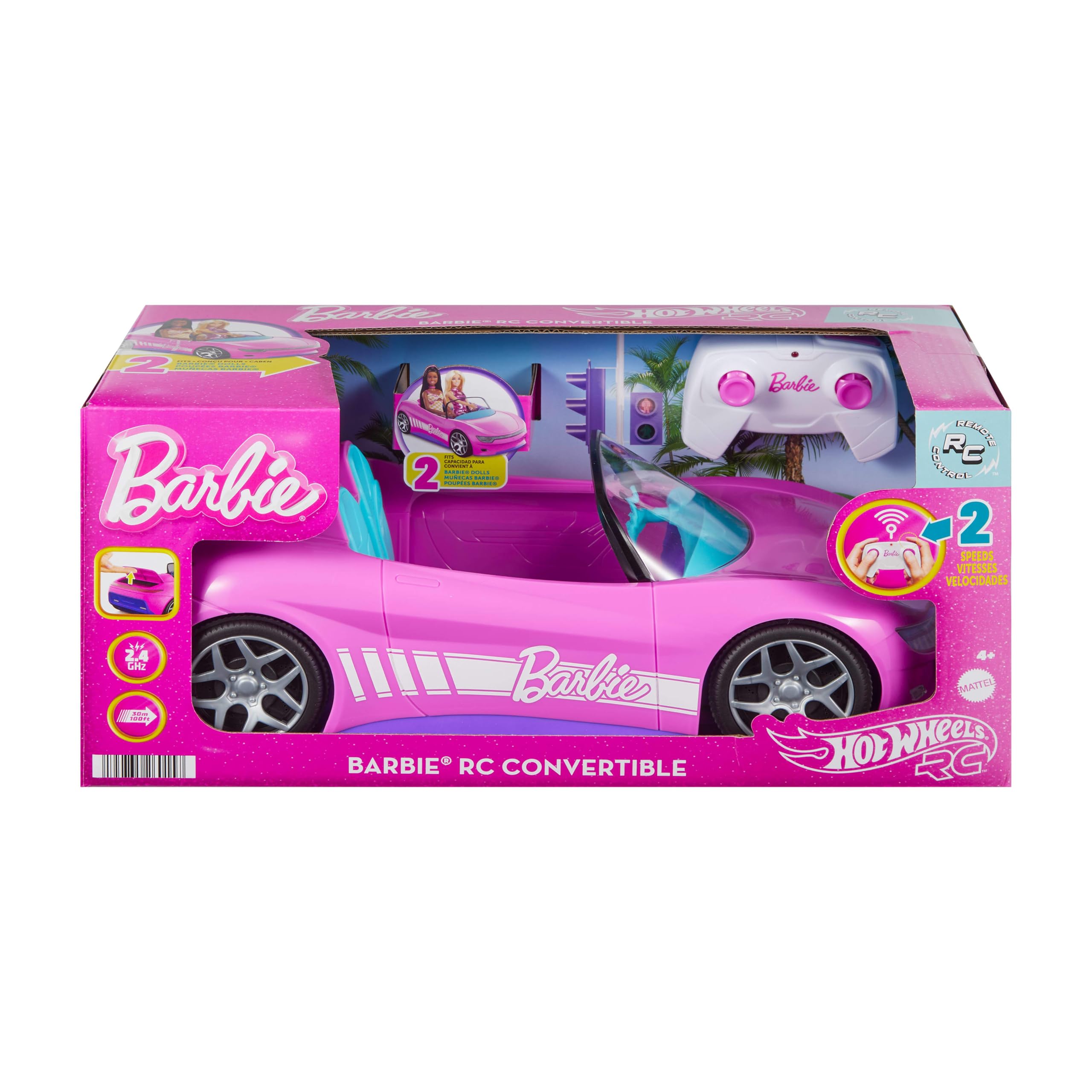 Hot Wheels RC Barbie Convertible Toy Car - Remote-Controlled Pink Vehicle for 2 Barbie Dolls 6