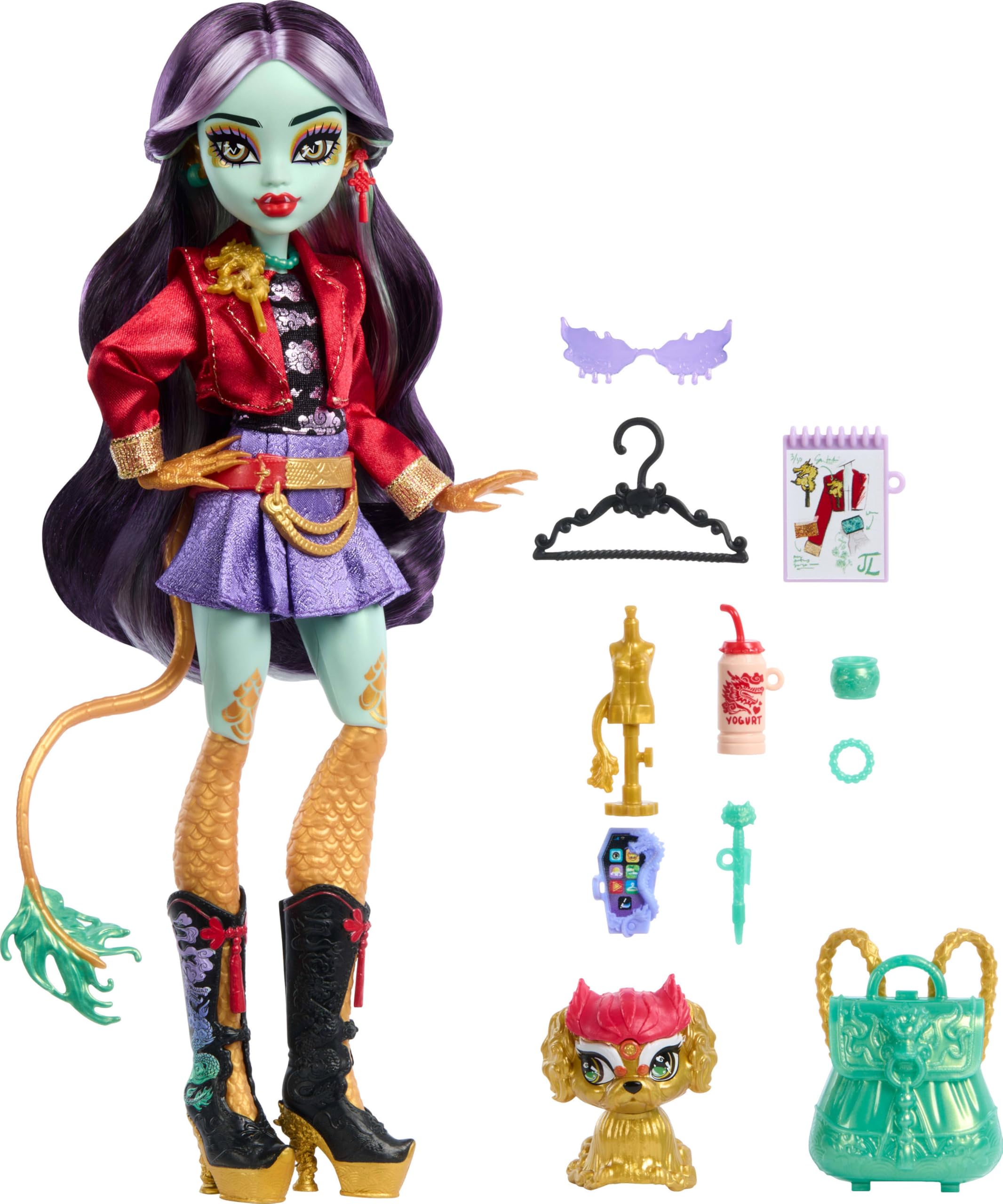 Monster High Jinafire Long Doll with Pet Cloudy 'Yun Yun' & Accessories - Dragon Fashion Doll for Ages 4-10 3