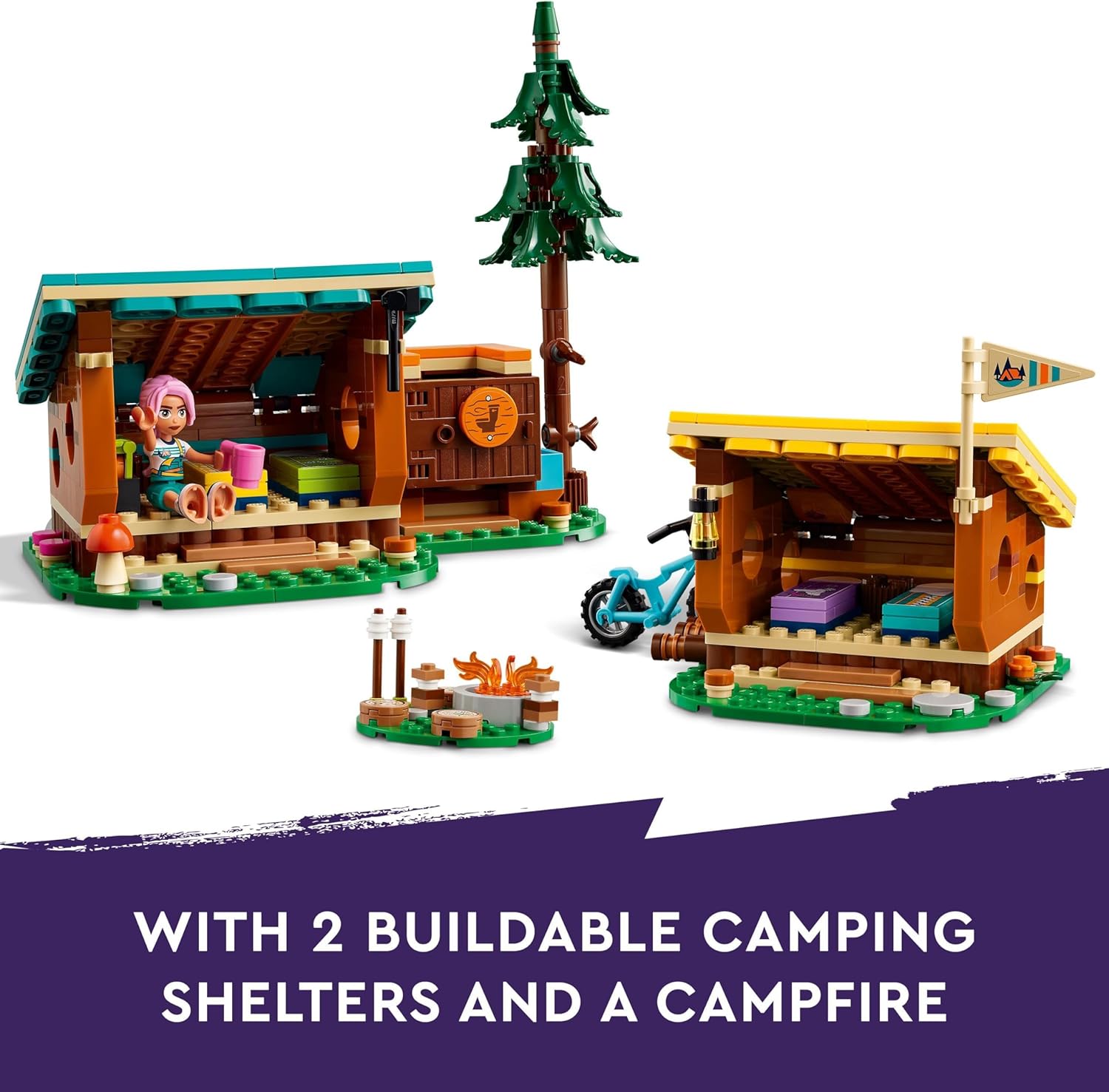 LEGO Friends Adventure Camp Cosy Cabins - Camping Playset with Mini-Dolls & Bikes for Ages 7+ 8