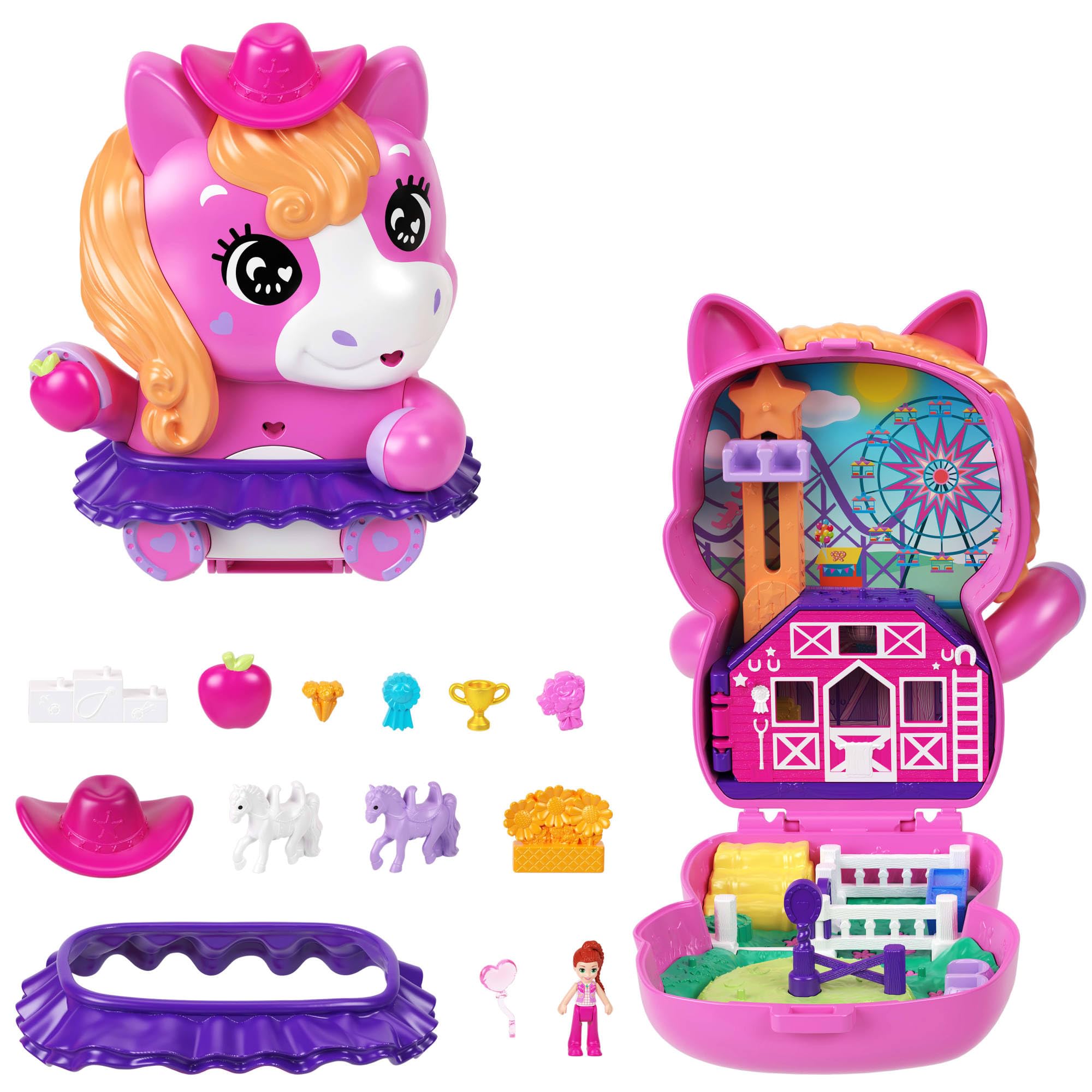 Polly Pocket Pony Rodeo Compact Playset - Micro Doll with 2 Pet Ponies & 10 Accessories