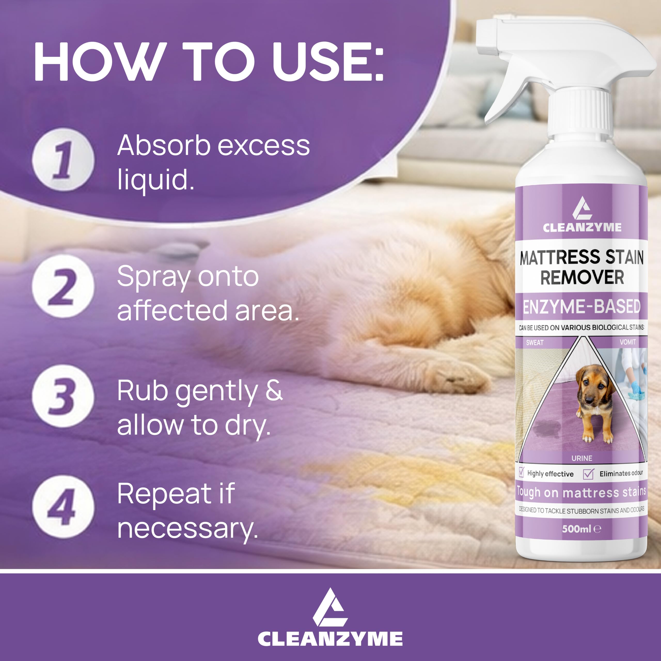 Cleanzyme Enzyme Mattress Stain Remover - Urine & Odour Eliminator | 500ml Spray Bottle | Fresh Scent 5