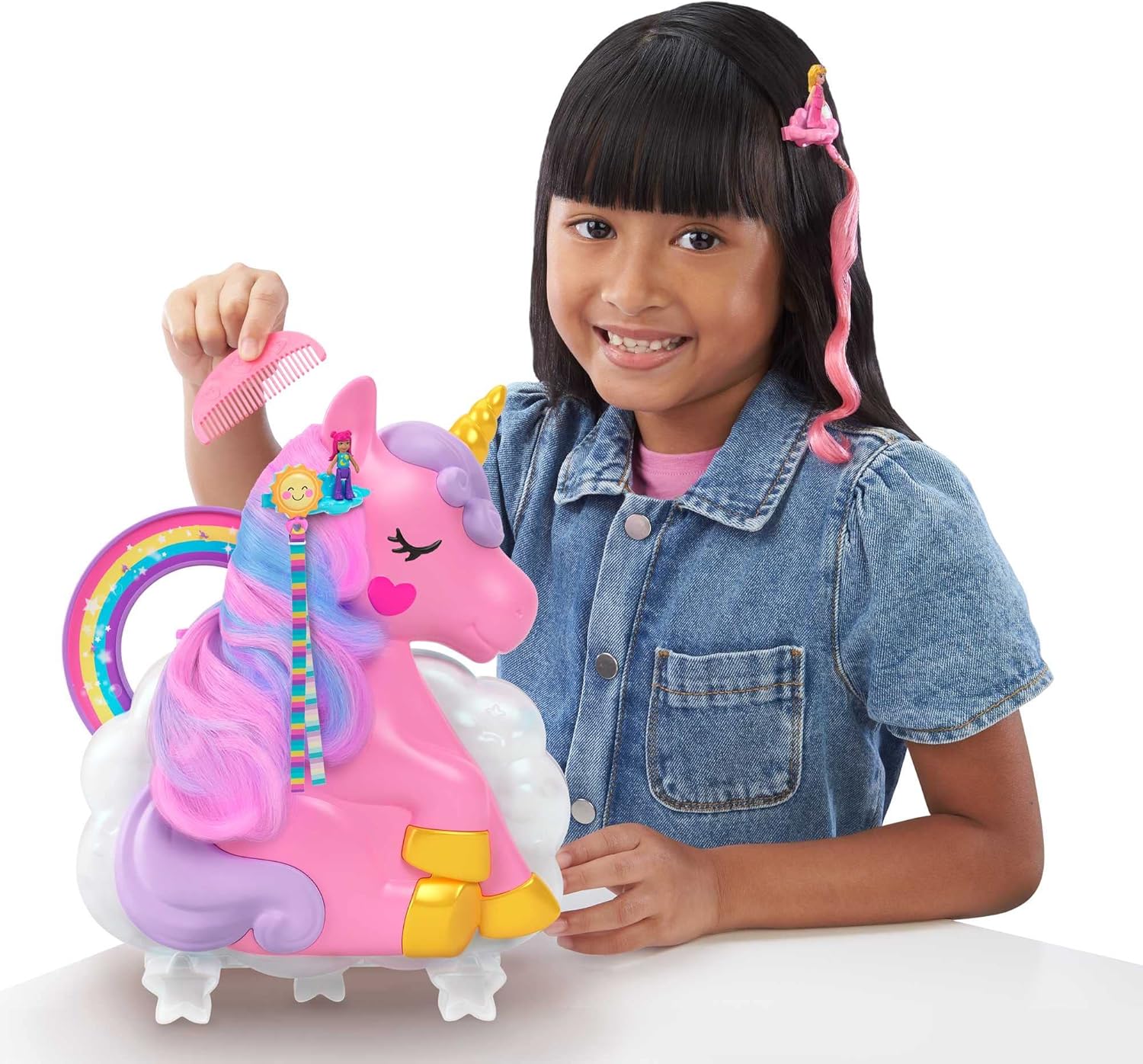 Polly Pocket Rainbow Unicorn Salon - 2-in-1 Styling Head & Playset for Kids 4+ 8