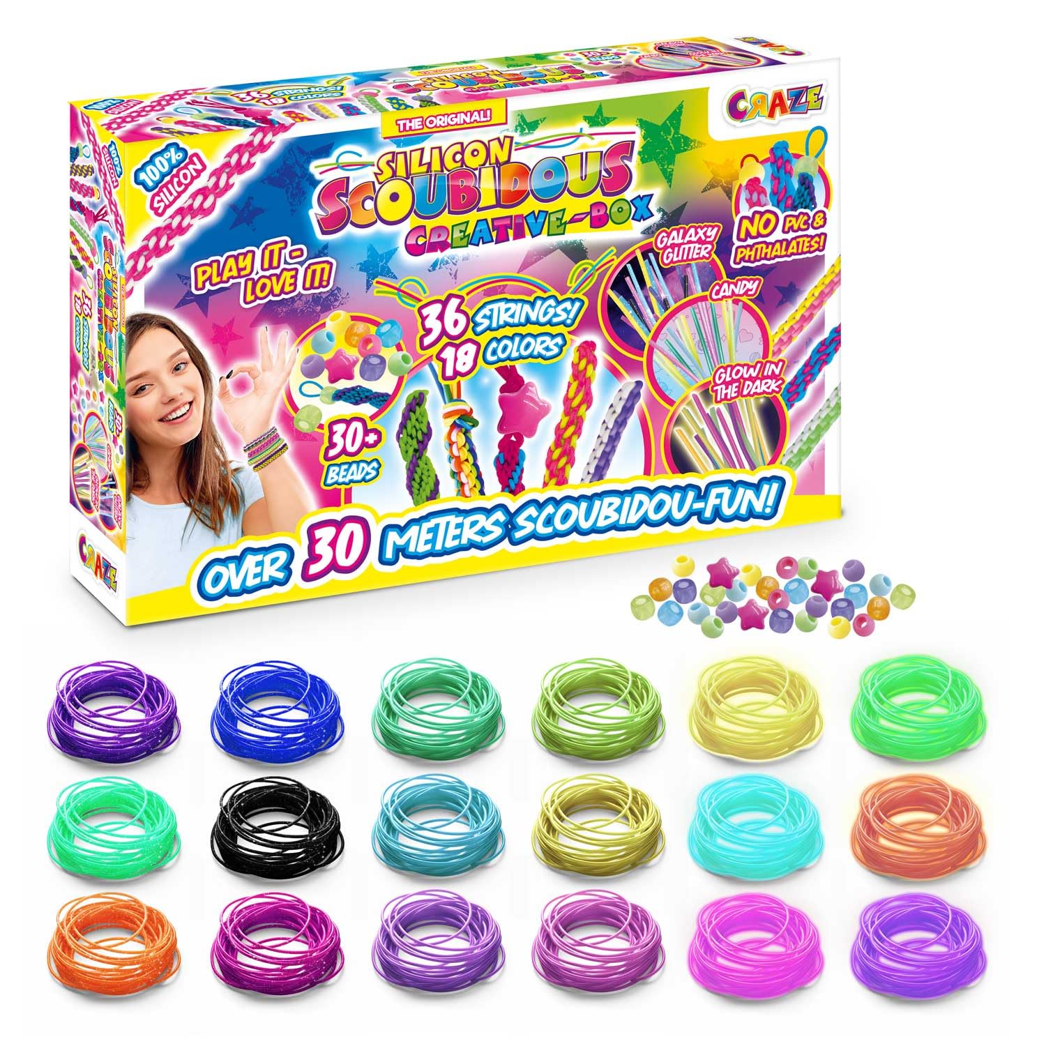 CRAZE Scoubidou Creative Box - 36 Silicone Strings, 30+ Charms & Beads, Ages 8+