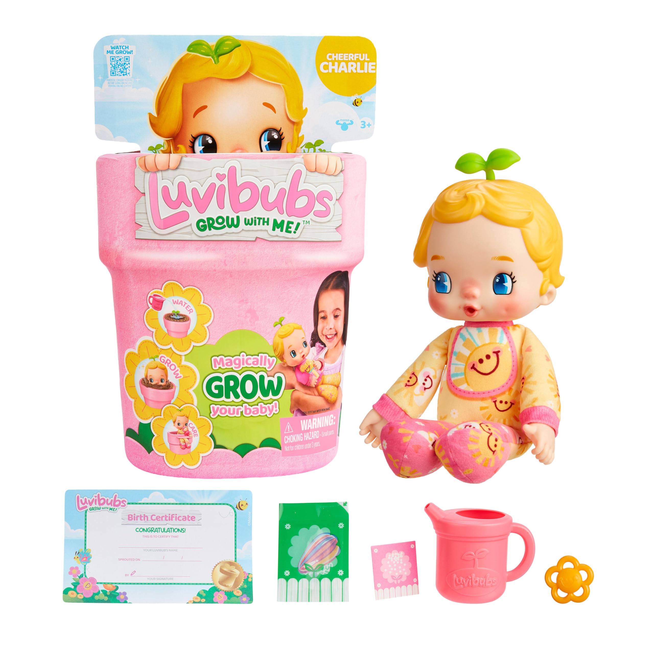 LUVIBUBS Cheerful Charlie Baby Doll Playset - Grows from Pot, Transforms to Highchair, Includes Digital Storybook