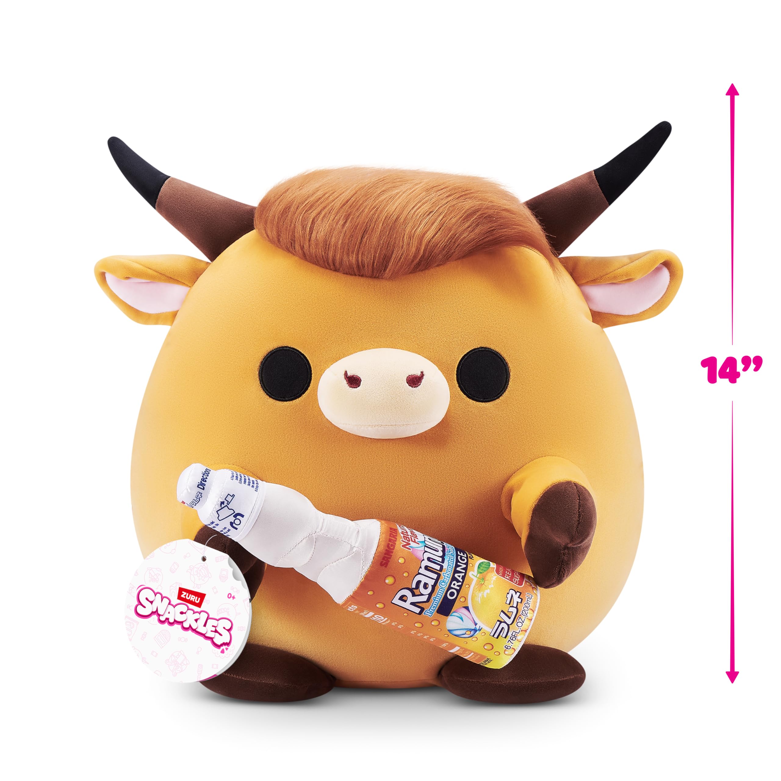 Snackles Robbie Highland Cow Plush - 14-inch Soft Toy with Sangaria O-mazing Orange Ramune Snack