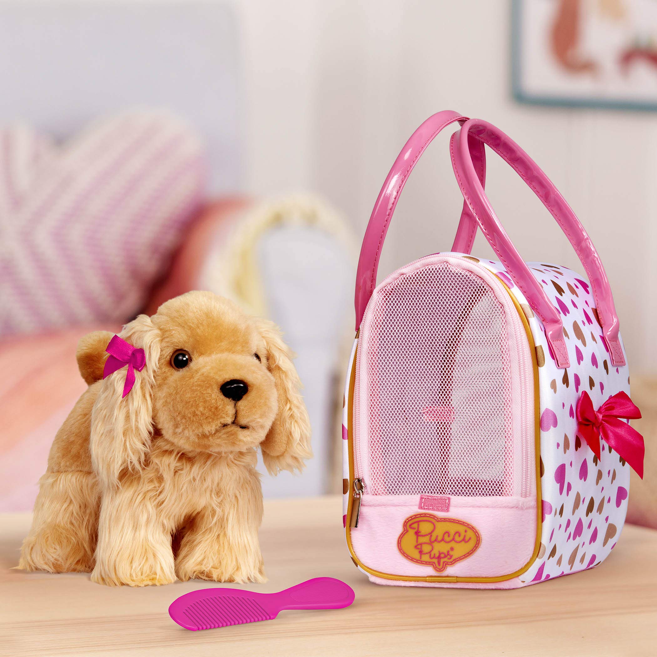 Pucci Pups Plush Cocker Spaniel with Carrier Bag – Pink & Gold Dog Toy for Kids 3+ 7