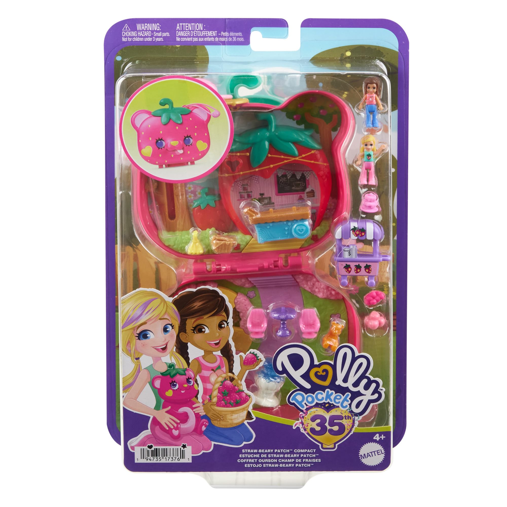 Polly Pocket Straw-beary Patch Compact Playset - 2 Micro Dolls, 12 Accessories, Fidget Exterior, Ages 4+ 6