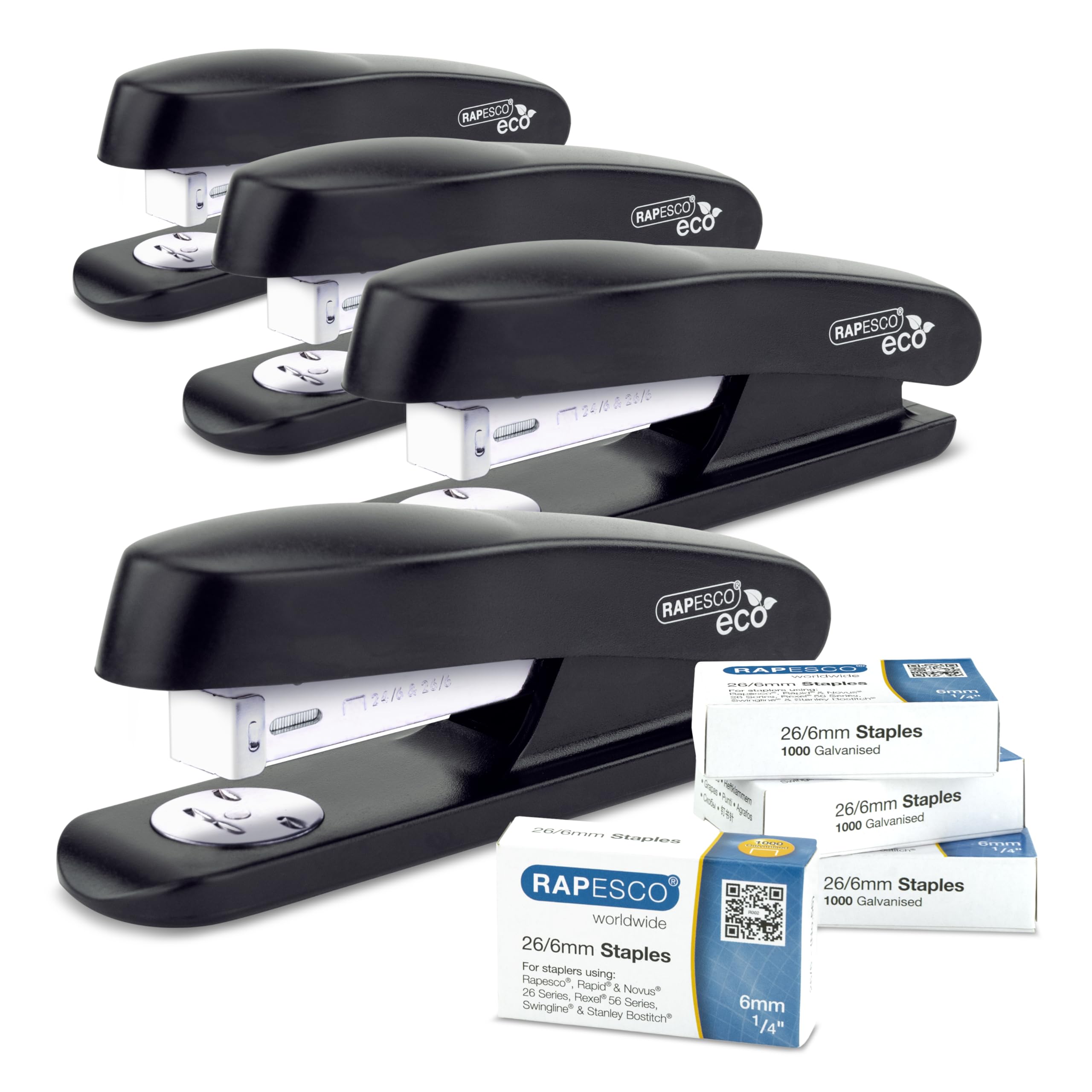 RAPESCO 1756 Business Pack: 4 ECO Half Strip Staplers and 4 Boxes of 1000 26/6 mm Staples 1