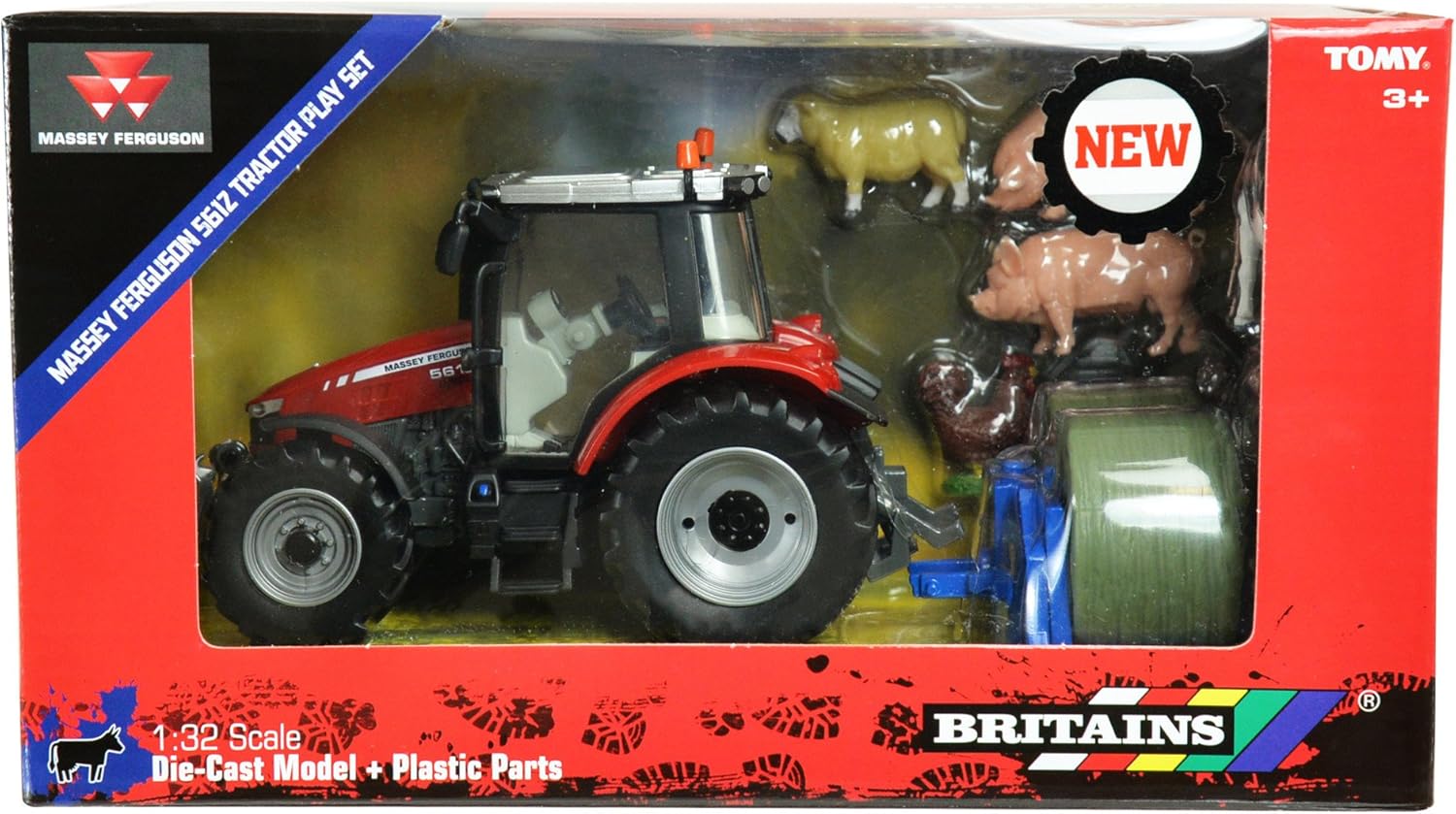 Britains Massey Ferguson 5612 Tractor Playset - 1:32 Scale Farm Toy with Animals & Bale Lifter 5