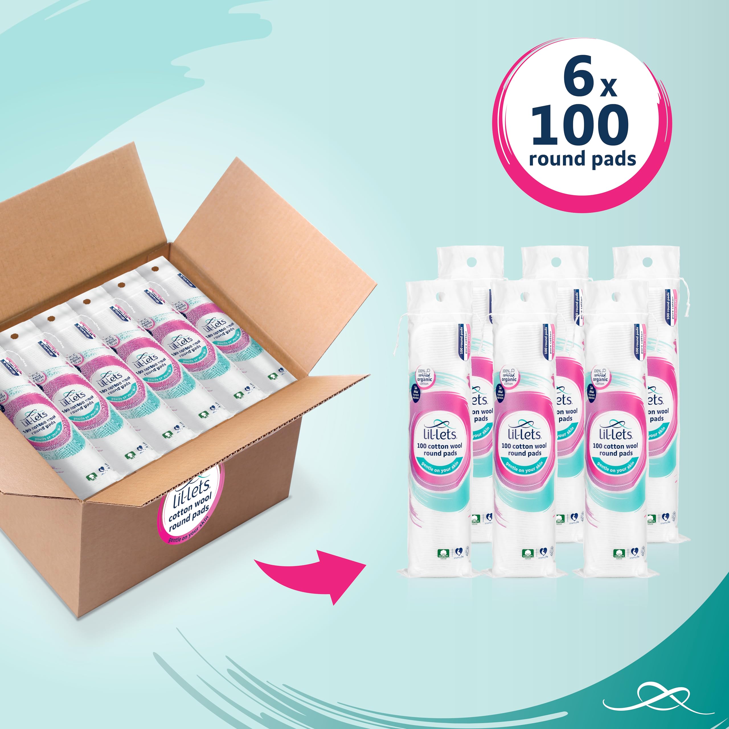 Lil-Lets Organic Cotton Wool Round Pads (6 x 100 Count) - GOTS Certified, Dermatologically Tested 6