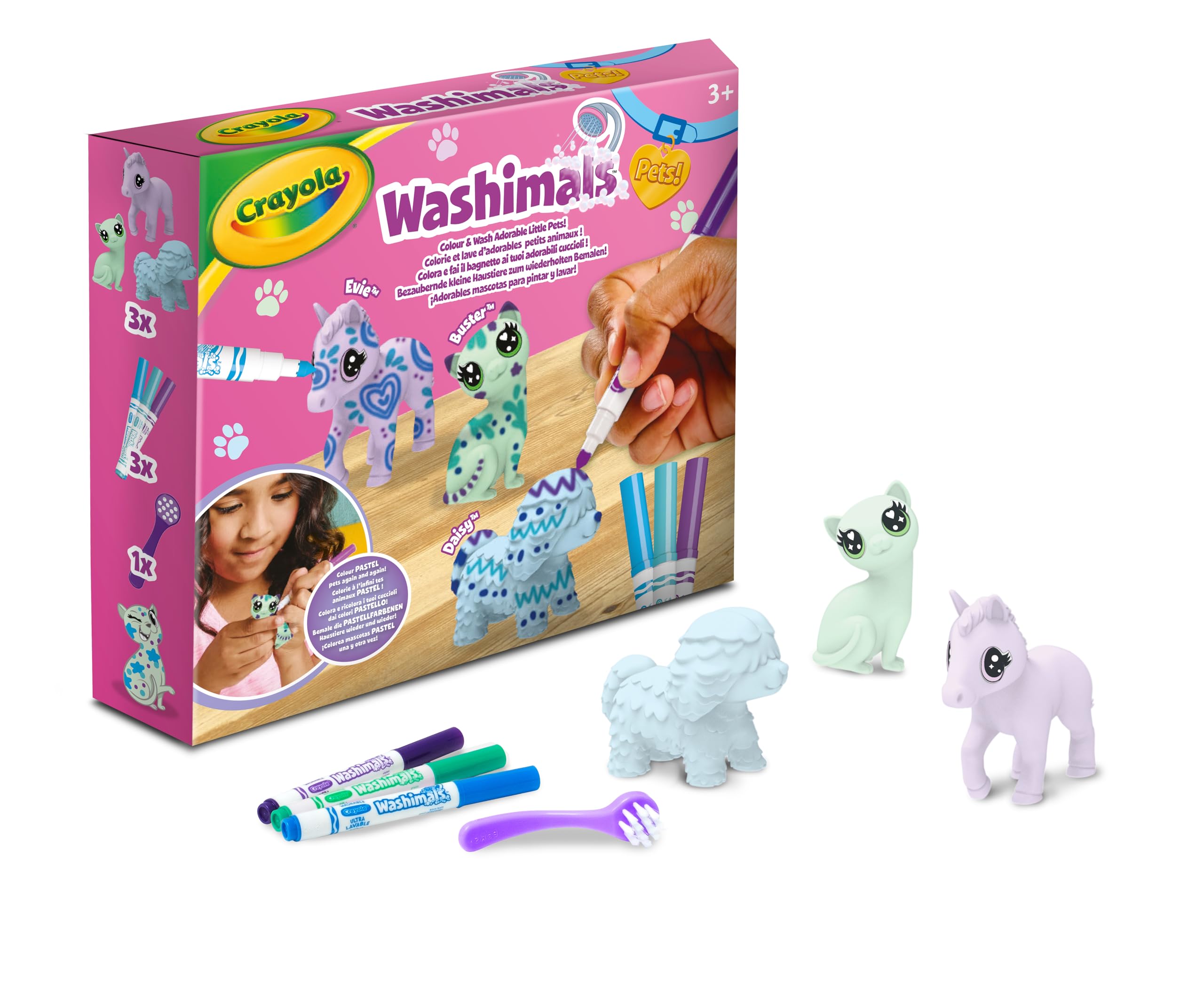 Crayola Scribble Scrubbie Pastel Pets - 3 Washable Markers & Brush, Ages 3+