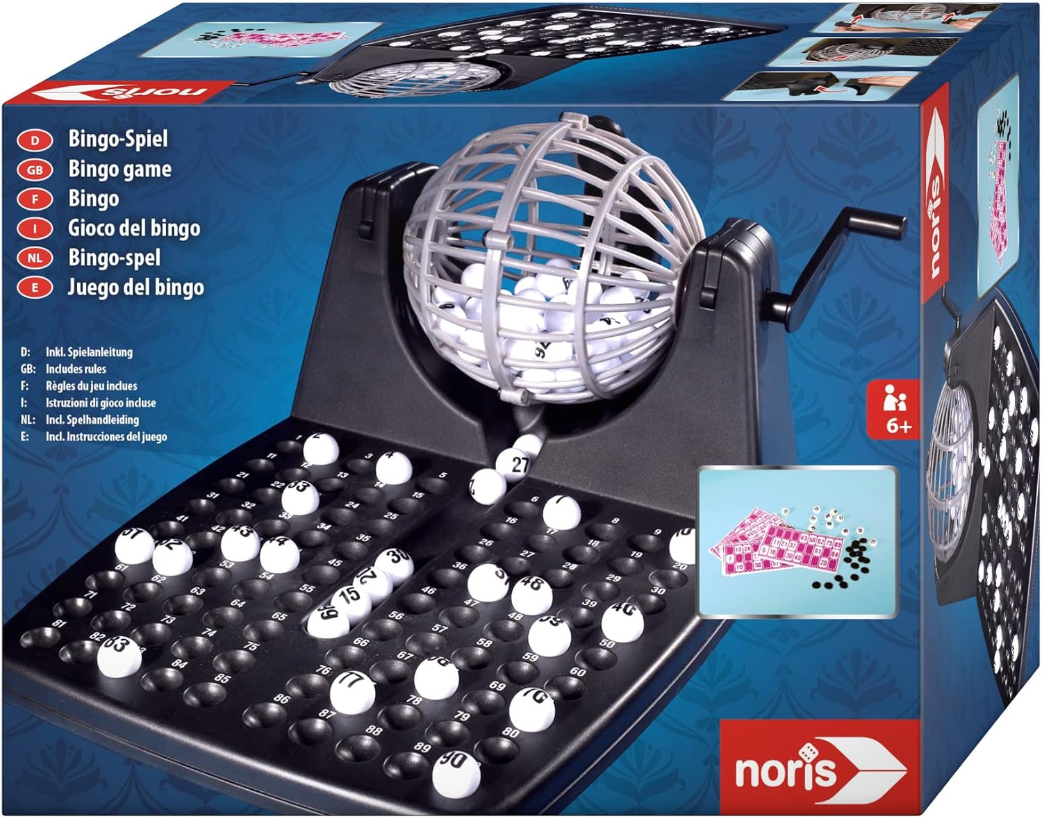 noris 606150493 Bingo Drum Set with 90 Balls, 12 Cards & Chips - Ocean Tides 8