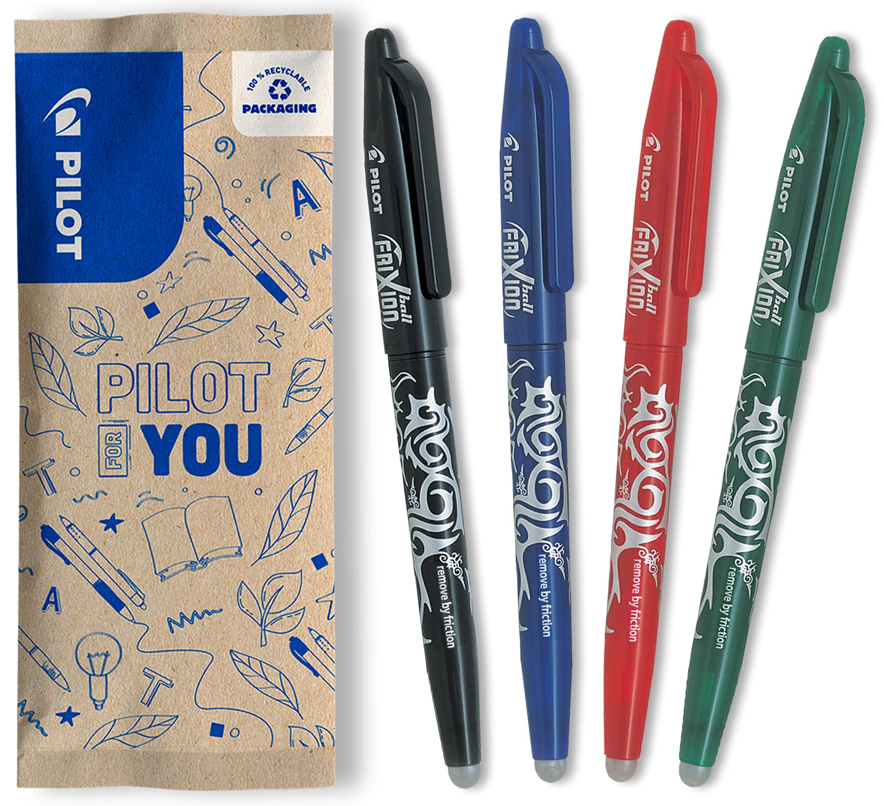 PILOT FriXion Erasable Rollerball Pen - Medium 0.7mm Point | 4-Pack Black Blue Red Green Ink