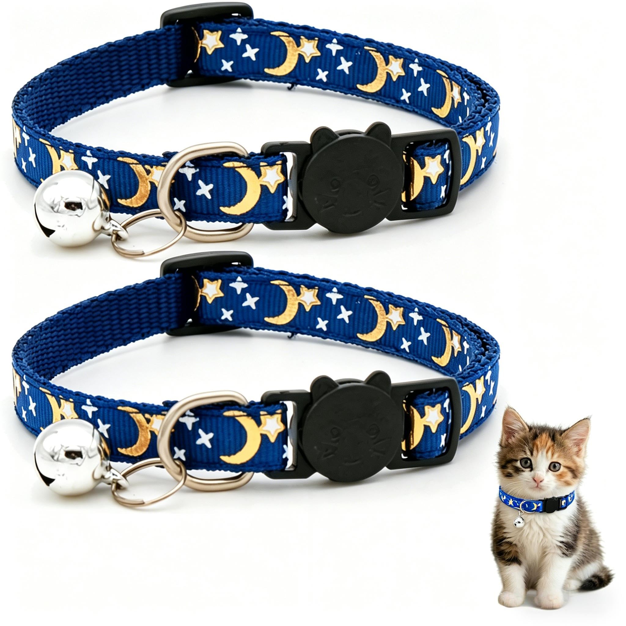 Muexoee Reflective Adjustable Cat Collar with Bell, Moon Star Print, Blue, 2 Pack