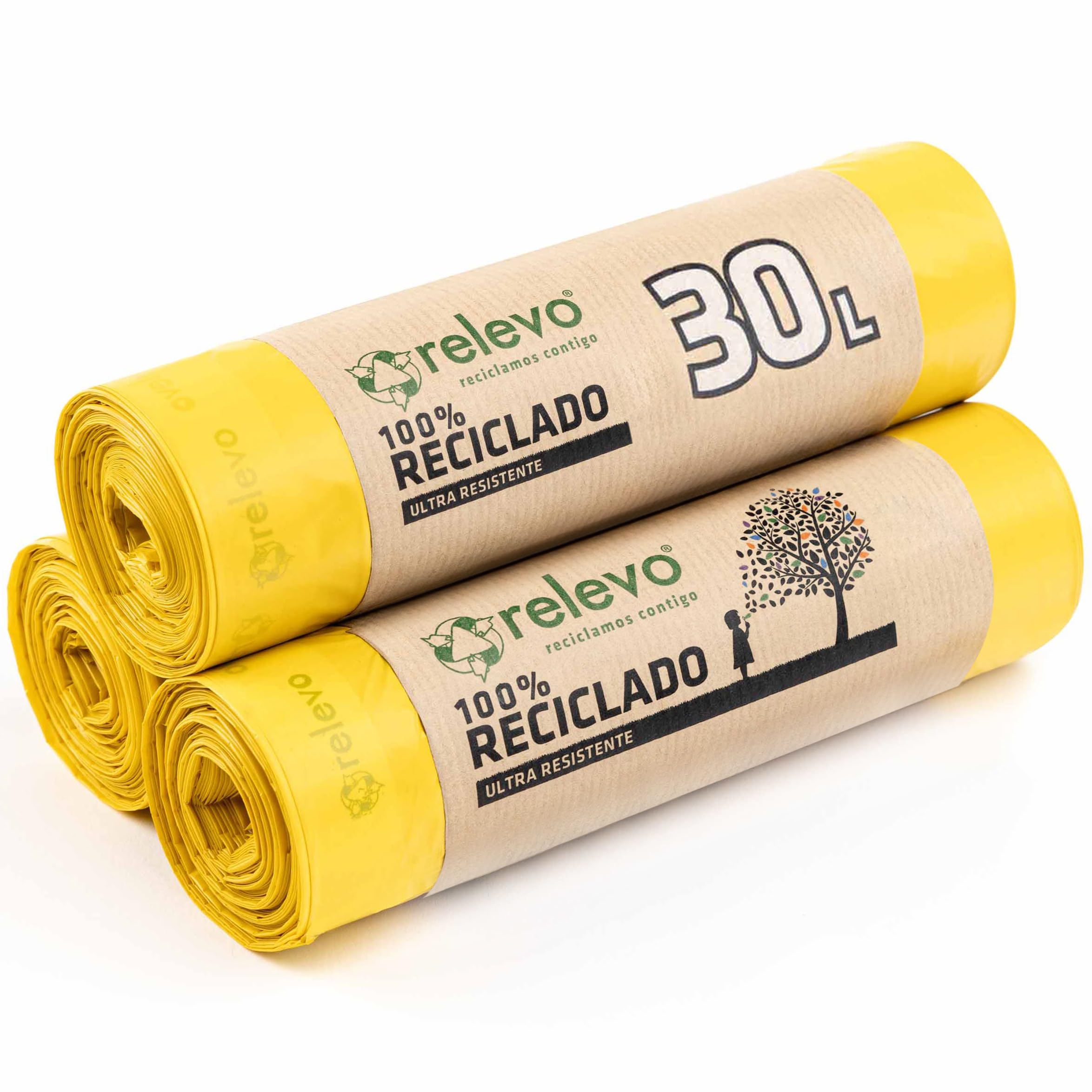 Relevo 30L Yellow Drawstring Bin Bags – 45 Units, 55 cm x 60 cm, Made from 100% Recycled Material