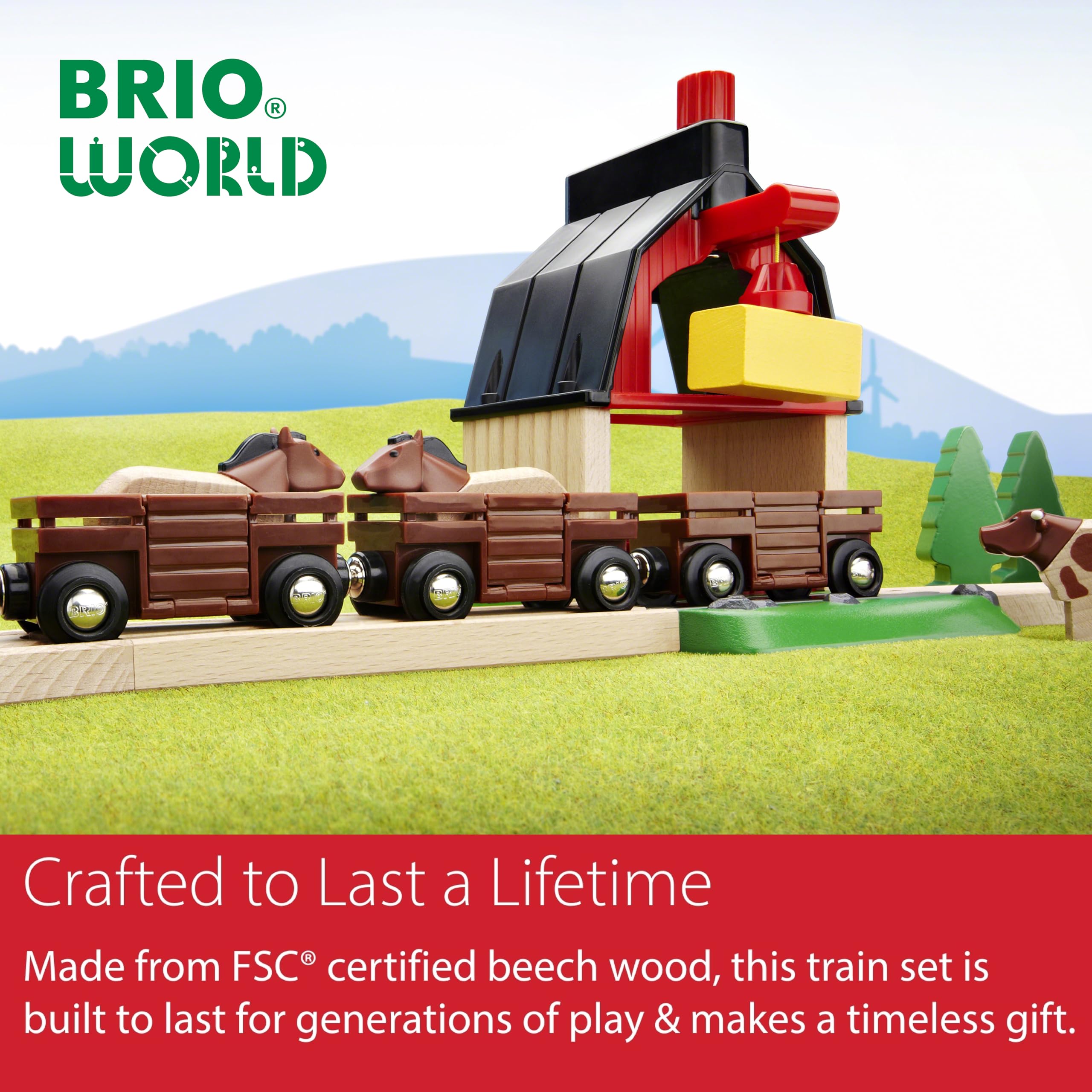 BRIO World Farm Engine Train Toy - Wooden Railway Add-On with Cattle Wagons and Animals 13