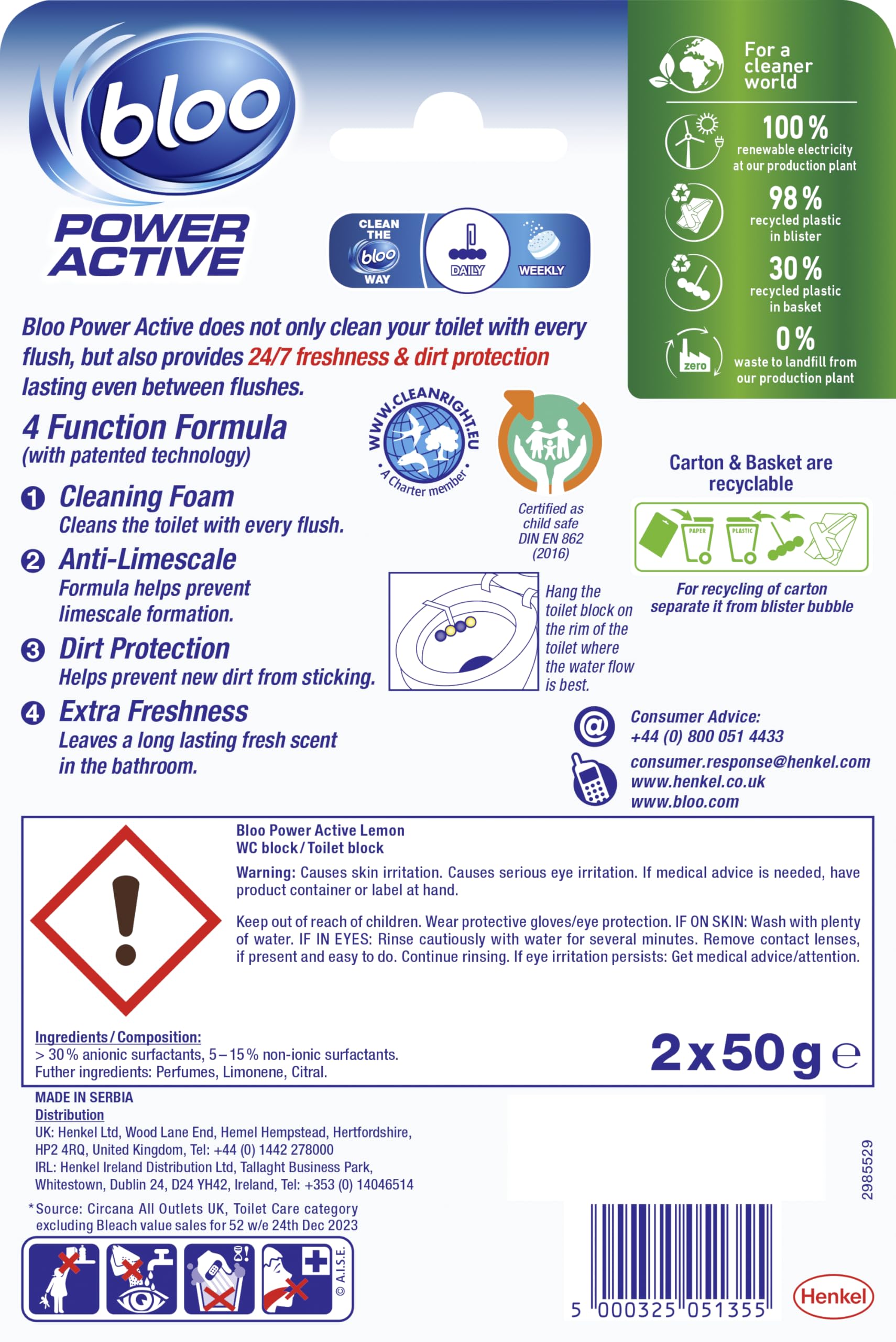 Bloo Power Active Toilet Rim Block - Lemon Scent with Anti-Limescale & Foaming Clean (240 Flushes) 6